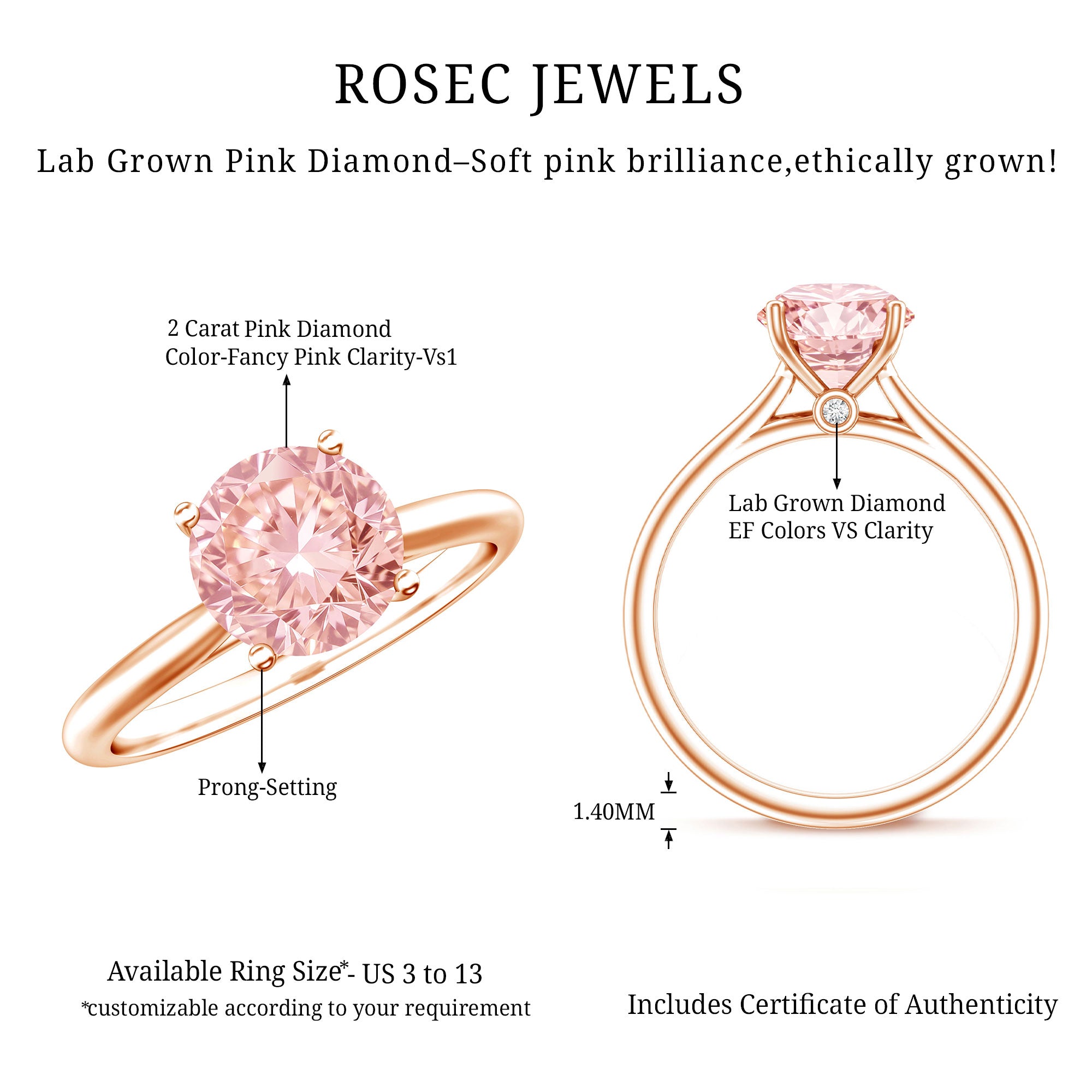 IGI Certified Round Lab Grown Pink Diamond 2 Carat Engagement Ring for Women Fancy Pink - VS1 - Rosec Jewels