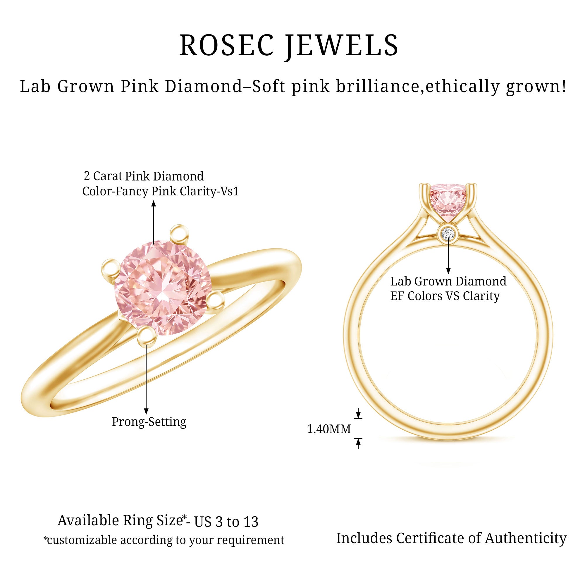 Rosec Jewels-IGI Certified Round Lab Grown Pink Diamond 2 Carat Engagement Ring for Women
