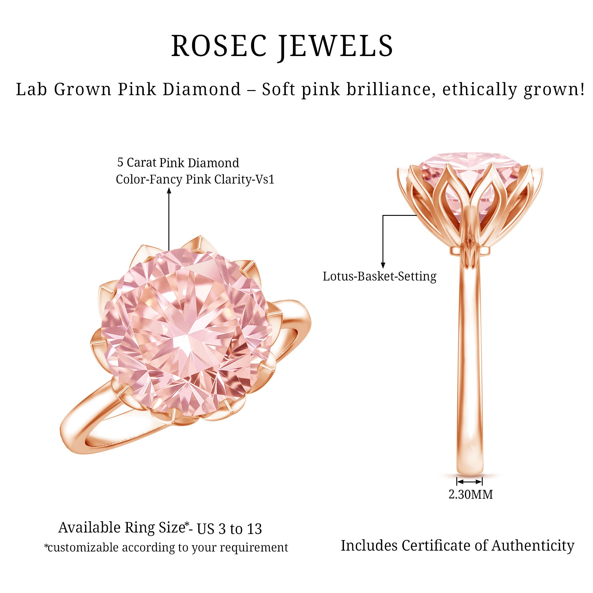 Rosec Jewels-IGI Certified Solitaire 5 Carat Lab Grown Pink Diamond Lotus Engagement Ring