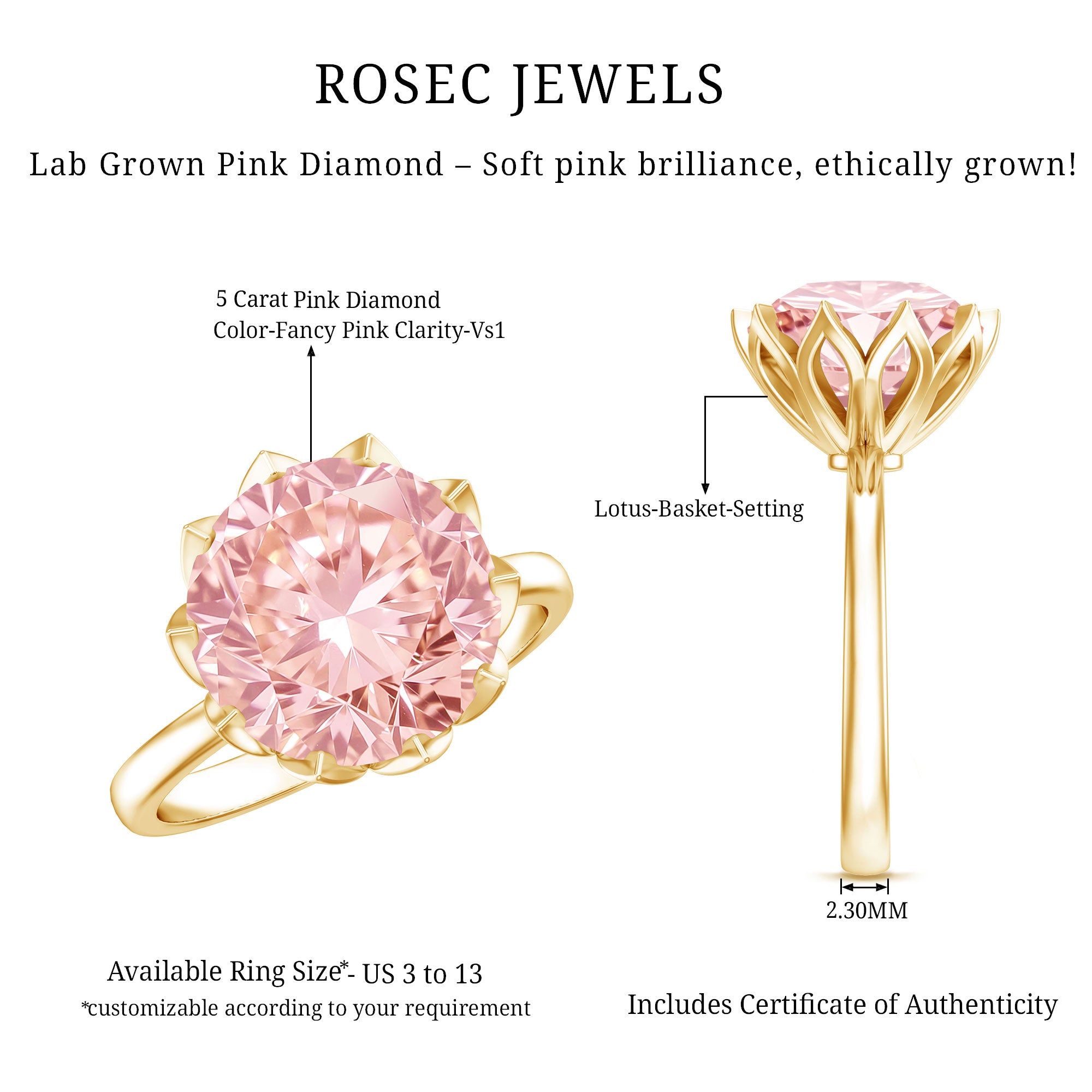 Rosec Jewels-IGI Certified Solitaire 5 Carat Lab Grown Pink Diamond Lotus Engagement Ring