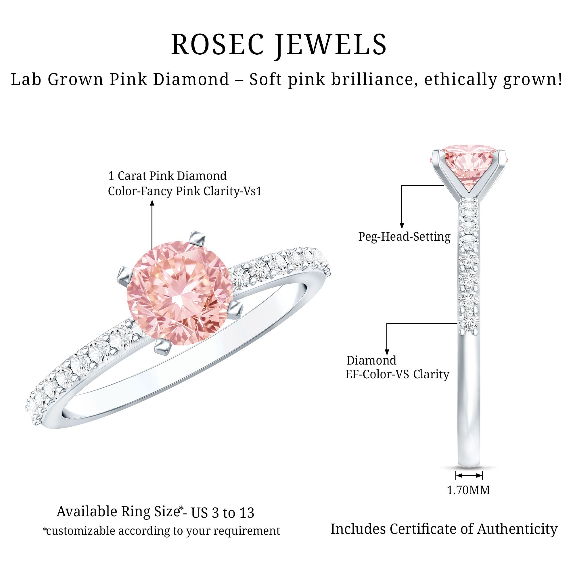 Rosec Jewels-IGI Certified 1 Carat Lab Pink Diamond Classic Engagement Ring with Side Stones
