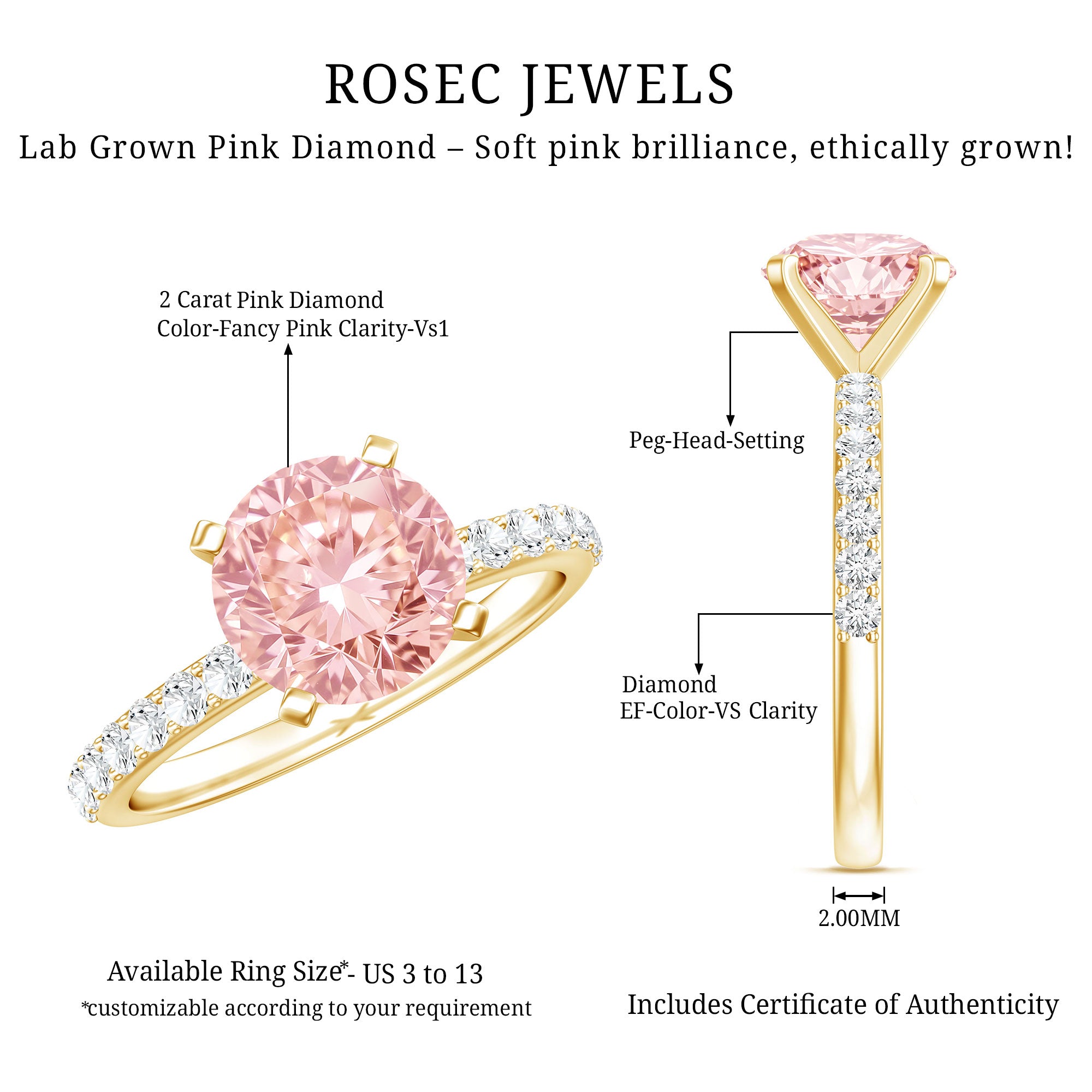 Rosec Jewels-IGI Certified 2 Carat Lab Grown Pink and White Diamond Engagement Ring for Her