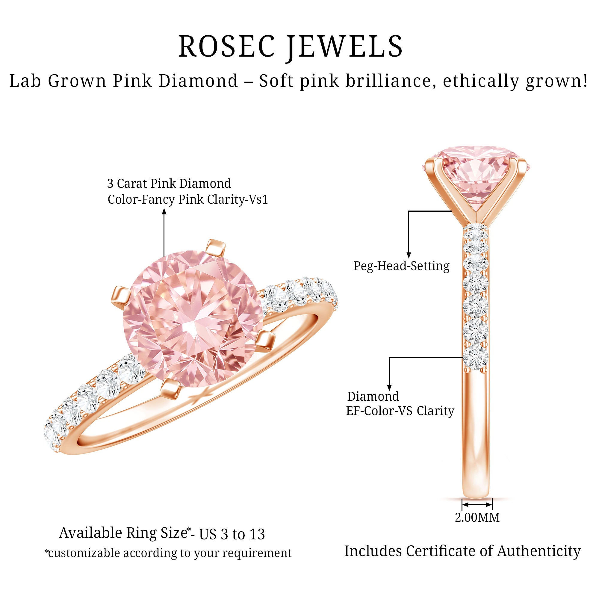 Rosec Jewels-3 Carat Lab Grown Pink Diamond Round Engagement Ring IGI Certified