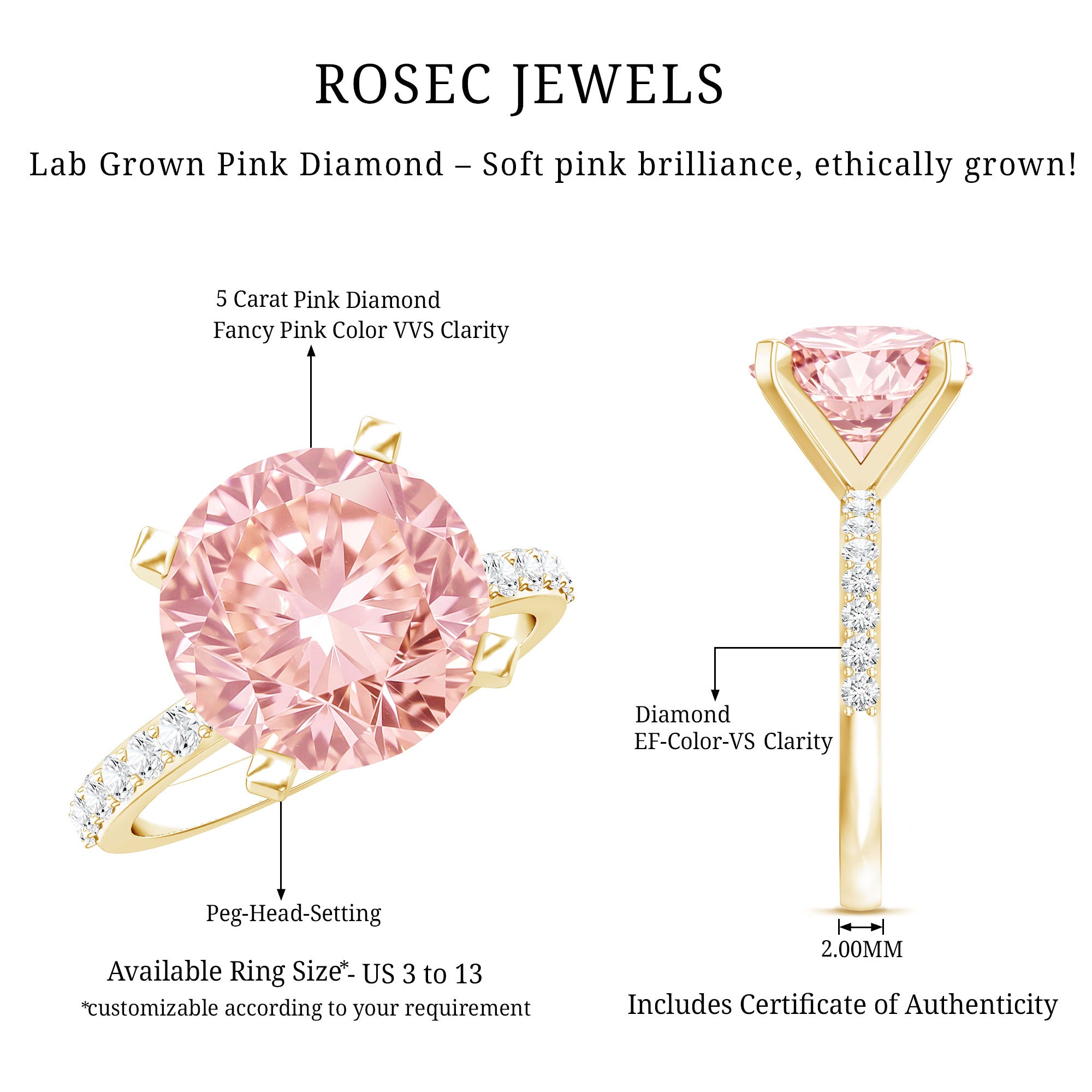 Rosec Jewels-5 Carat IGI Certified Lab Created Pink Diamond Statement Ring with Side Stones