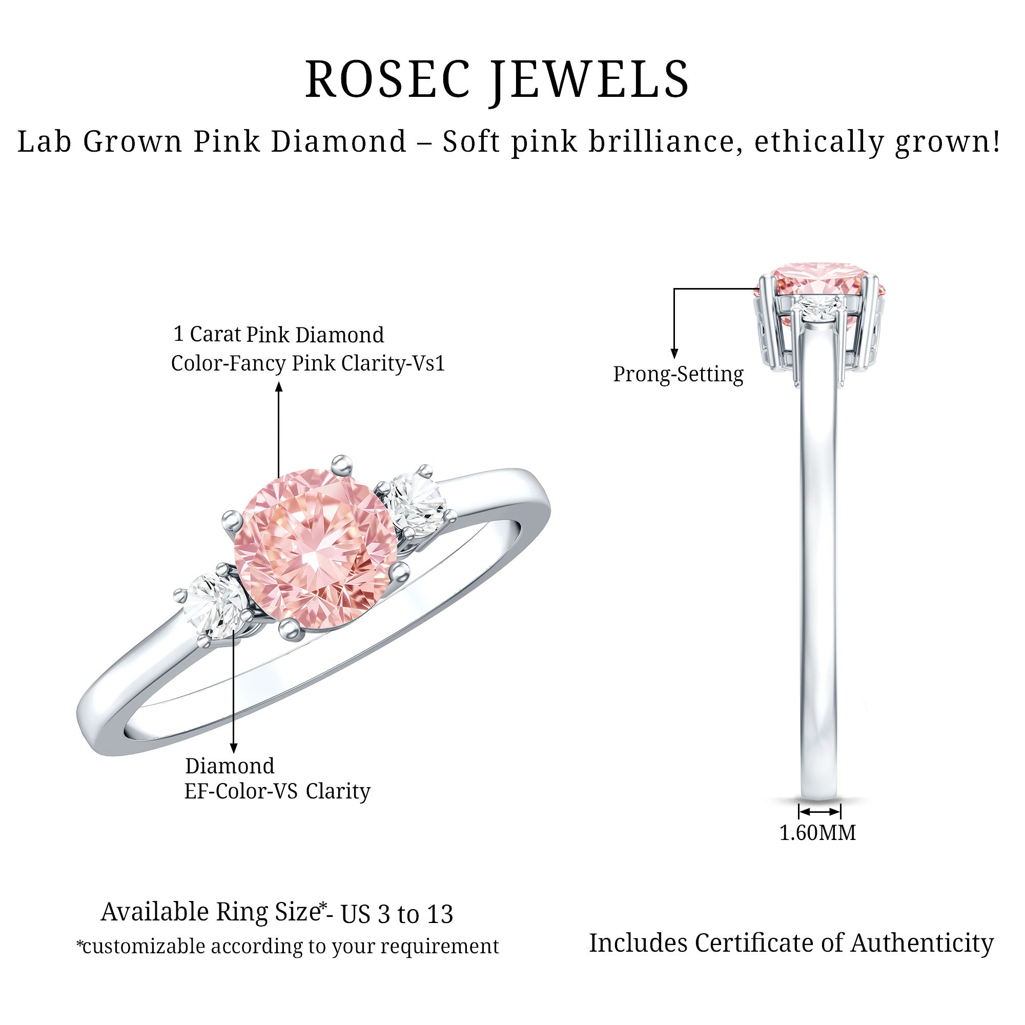 Rosec Jewels-1 Carat IGI Certified Lab Grown Pink and White Diamond Three Stone Ring for Her