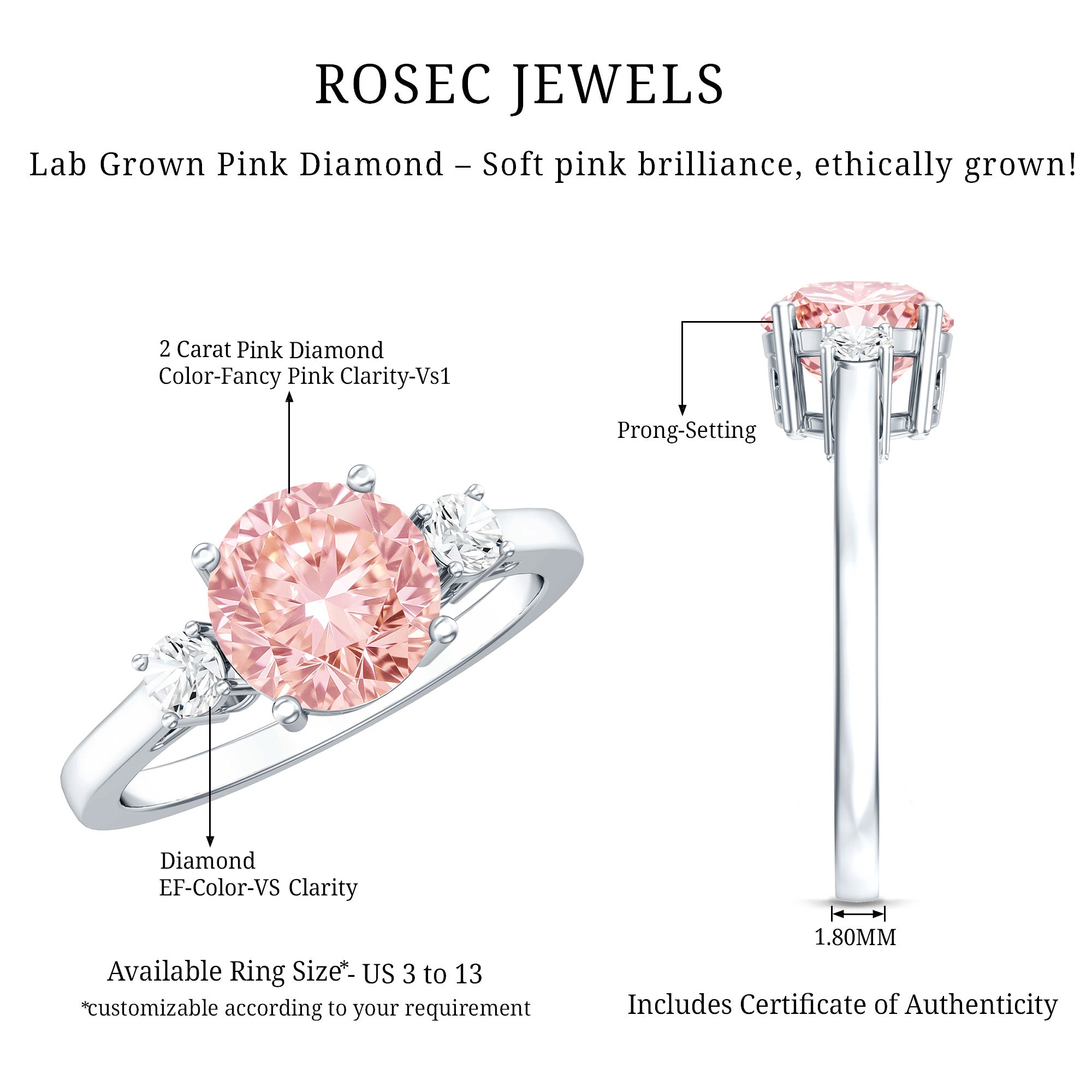 Rosec Jewels-2 Carat Lab Grown Pink Diamond Three Stone Engagement Ring with IGI Certificate