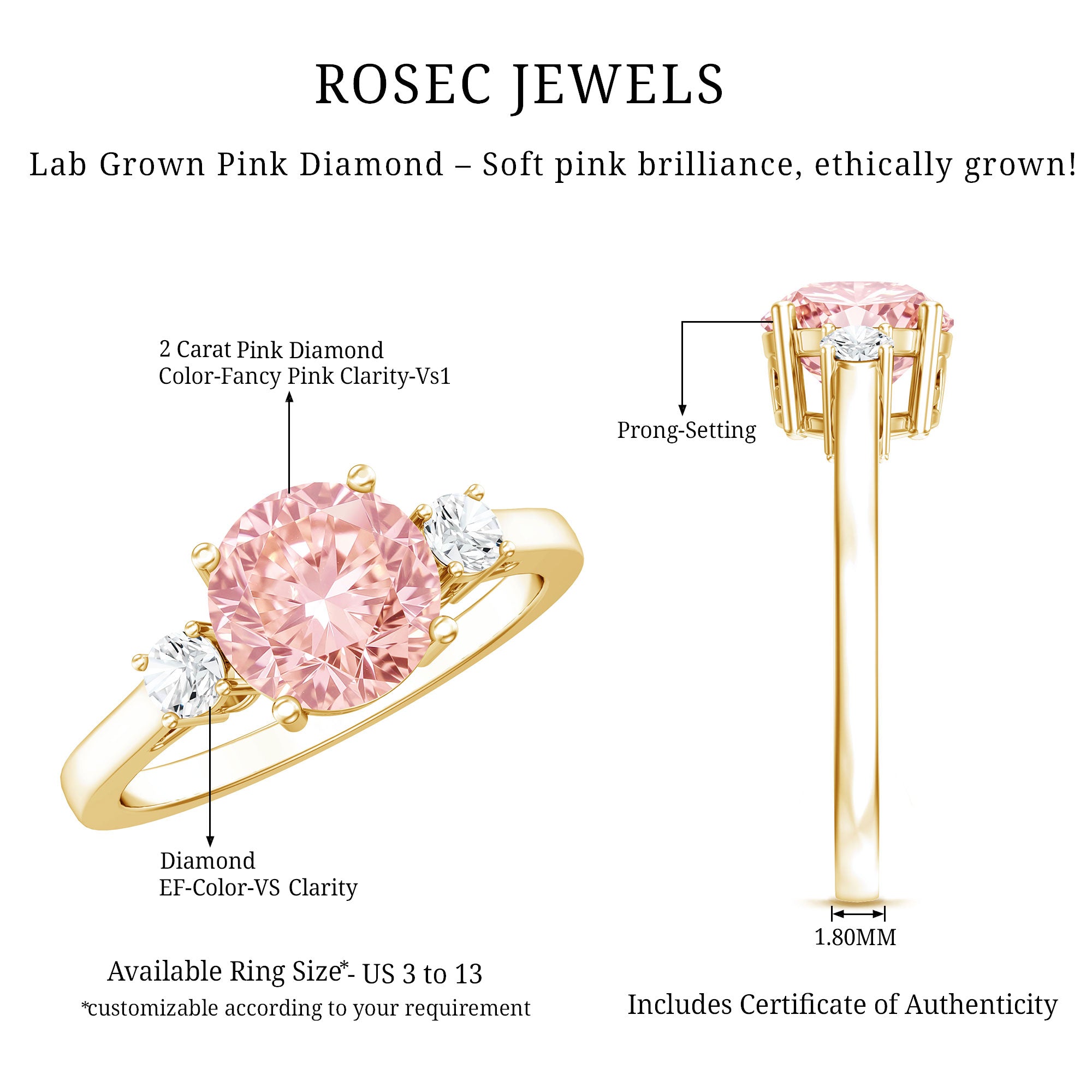 Rosec Jewels-2 Carat Lab Grown Pink Diamond Three Stone Engagement Ring with IGI Certificate