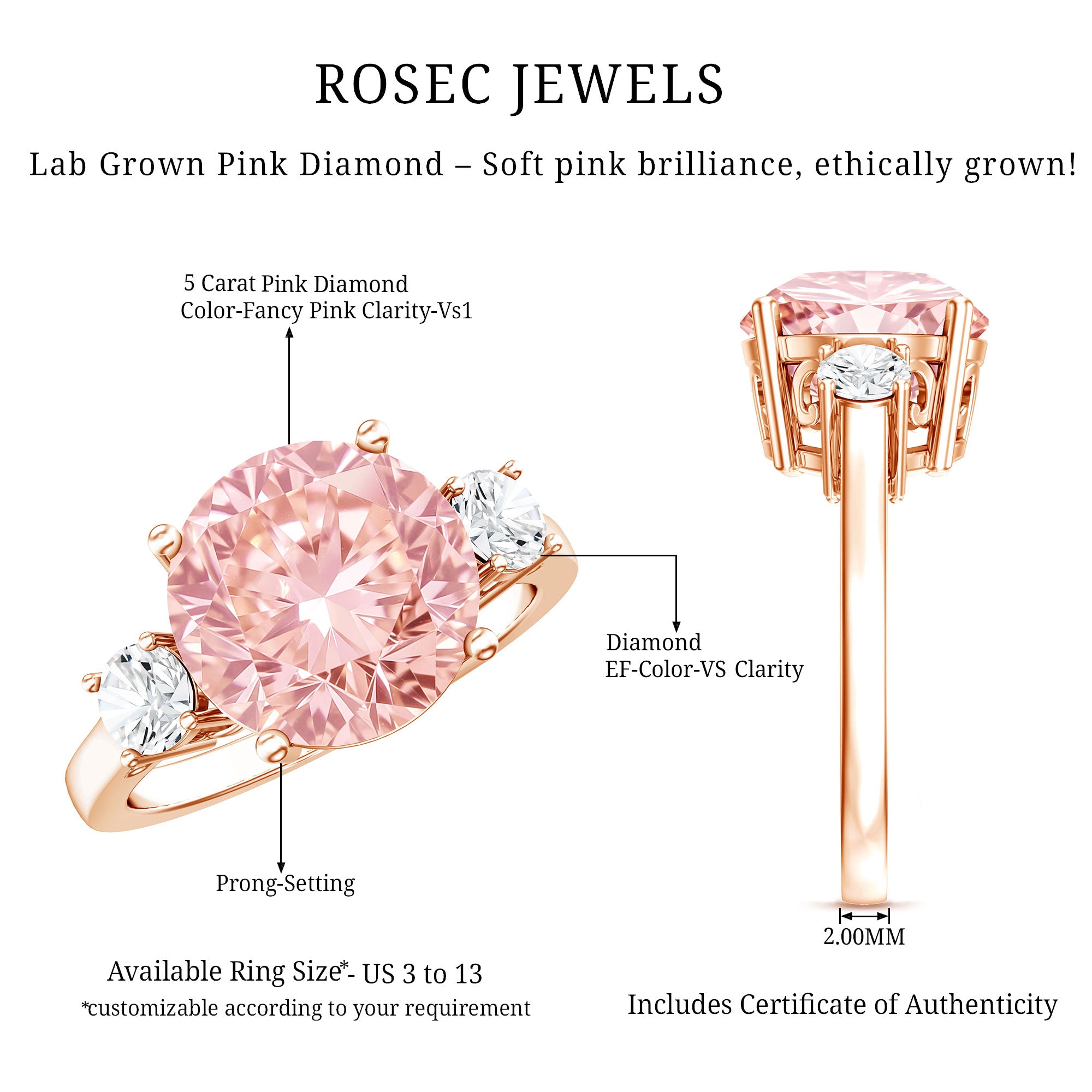 Rosec Jewels-IGI Certified Lab Created Pink and White Diamond Three Stone Engagement Ring 5 Carat