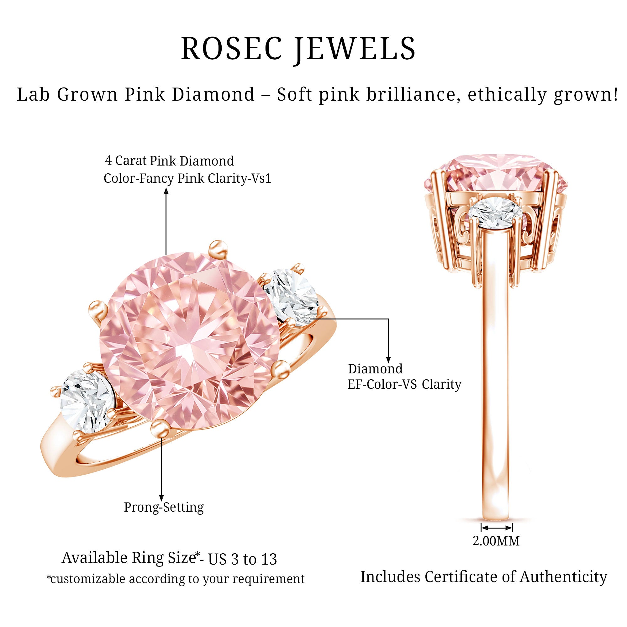 Rosec Jewels-IGI Certified 4 Carat Round Lab Created Pink and White Diamond Trilogy Engagement Ring