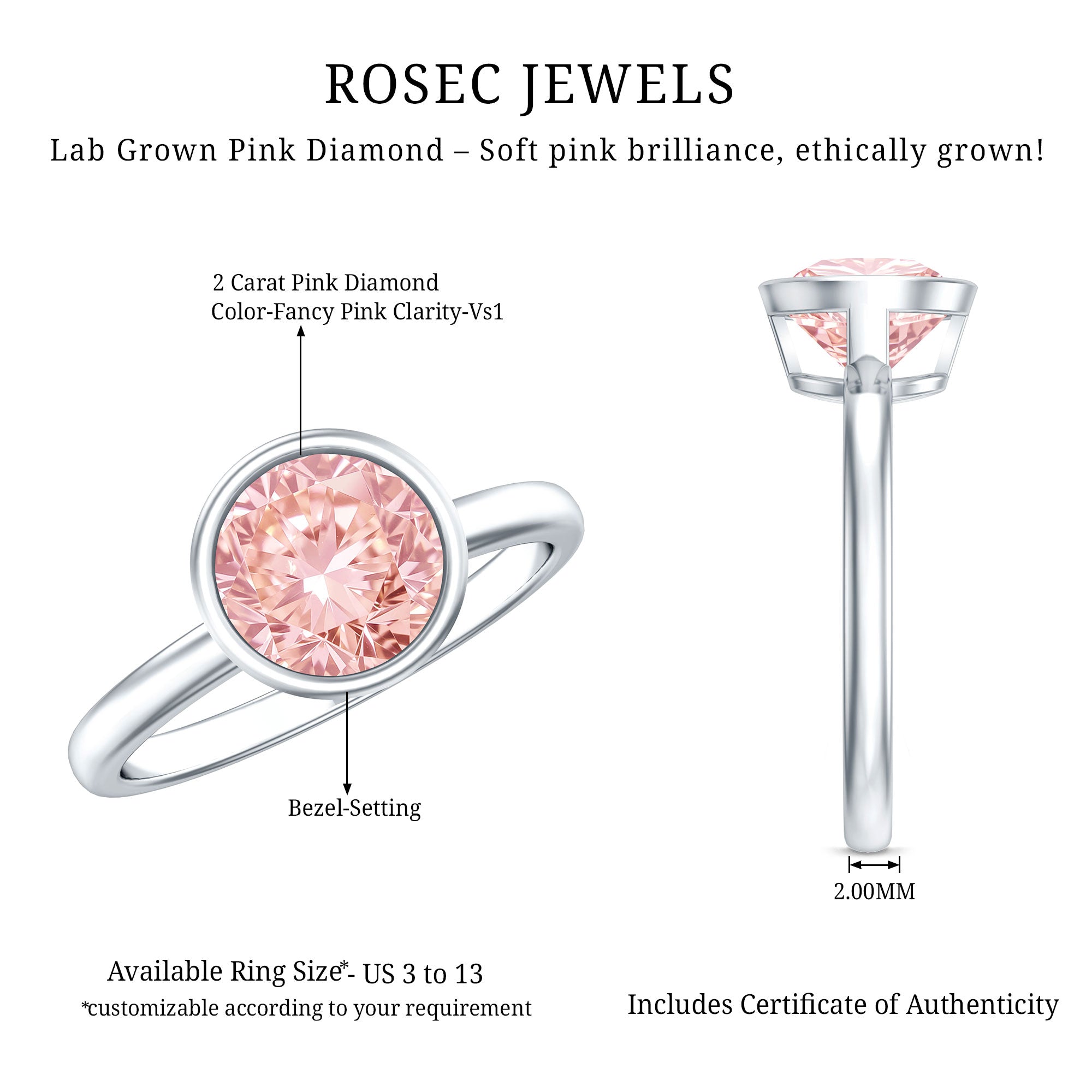 Rosec Jewels-Solitaire 2 Carat Round Lab Grown Pink Diamond Engagement Ring IGI Certified