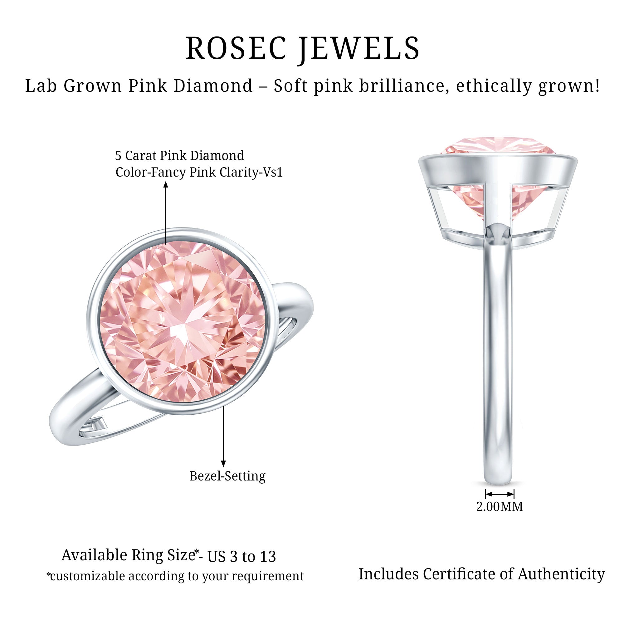 Rosec Jewels-Large 5 Carat Lab Grown Pink Diamond Bezel Engagement Ring with IGI Certificate