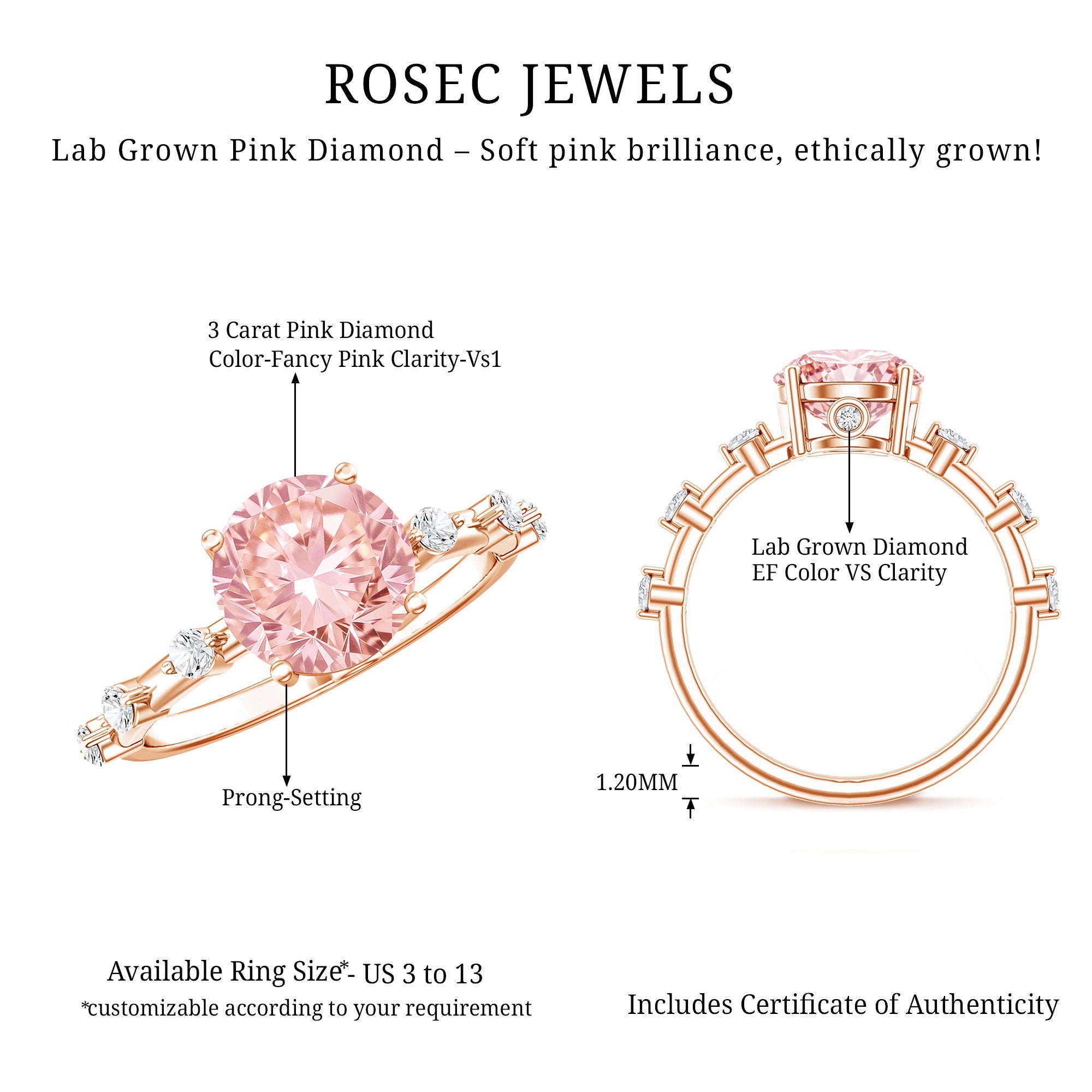 Rosec Jewels-IGI Certified 3 Carat Lab Grown Pink Diamond Engagement Ring with Spaced Accent