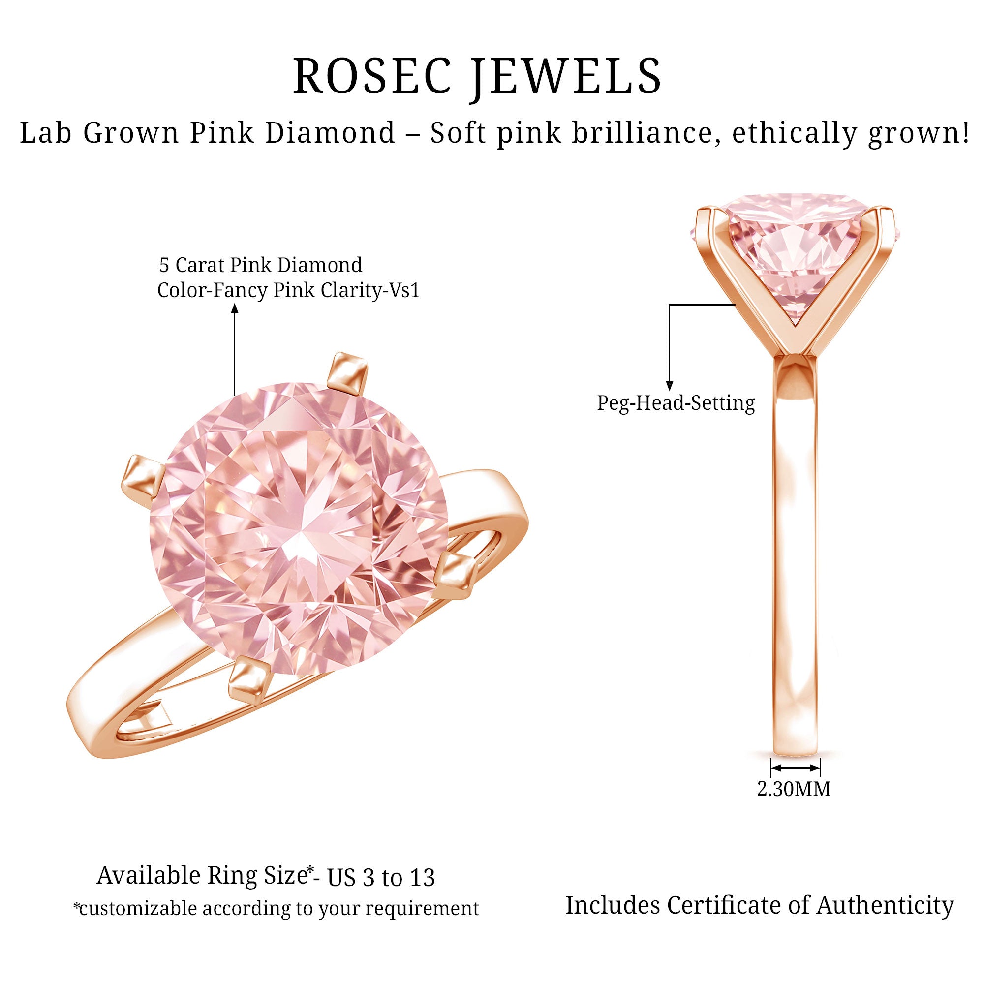 Rosec Jewels-Lab Created 5 Carat Pink Diamond Solitaire Engagement Ring IGI Certified