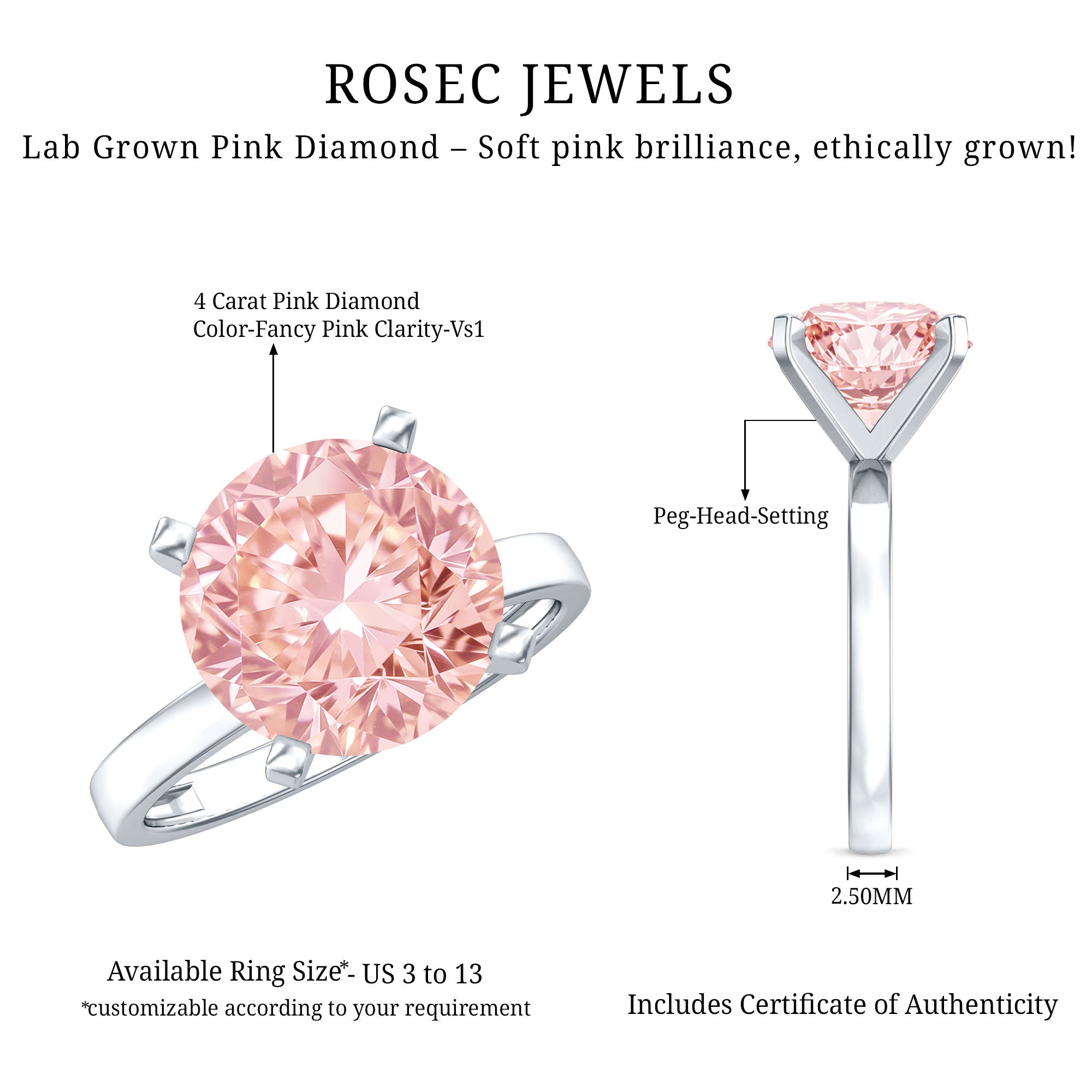 Rosec Jewels-Peg Headset Solitaire 4 Carat Lab Grown Pink Diamond Engagement Ring IGI Certified
