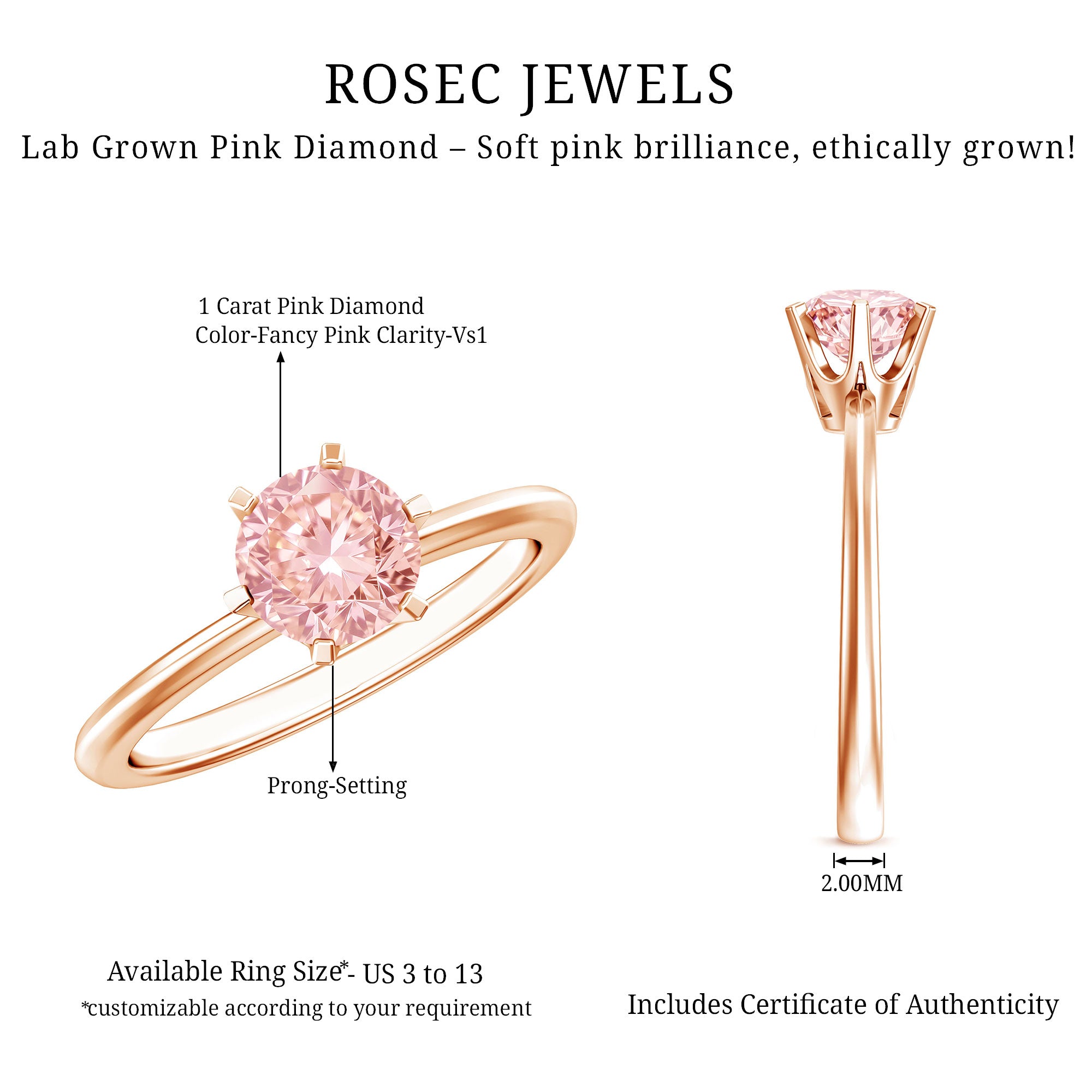 Rosec Jewels-Round Brilliant Cut Lab Grown Pink Diamond 1 Carat Solitaire Ring with IGI Certificate