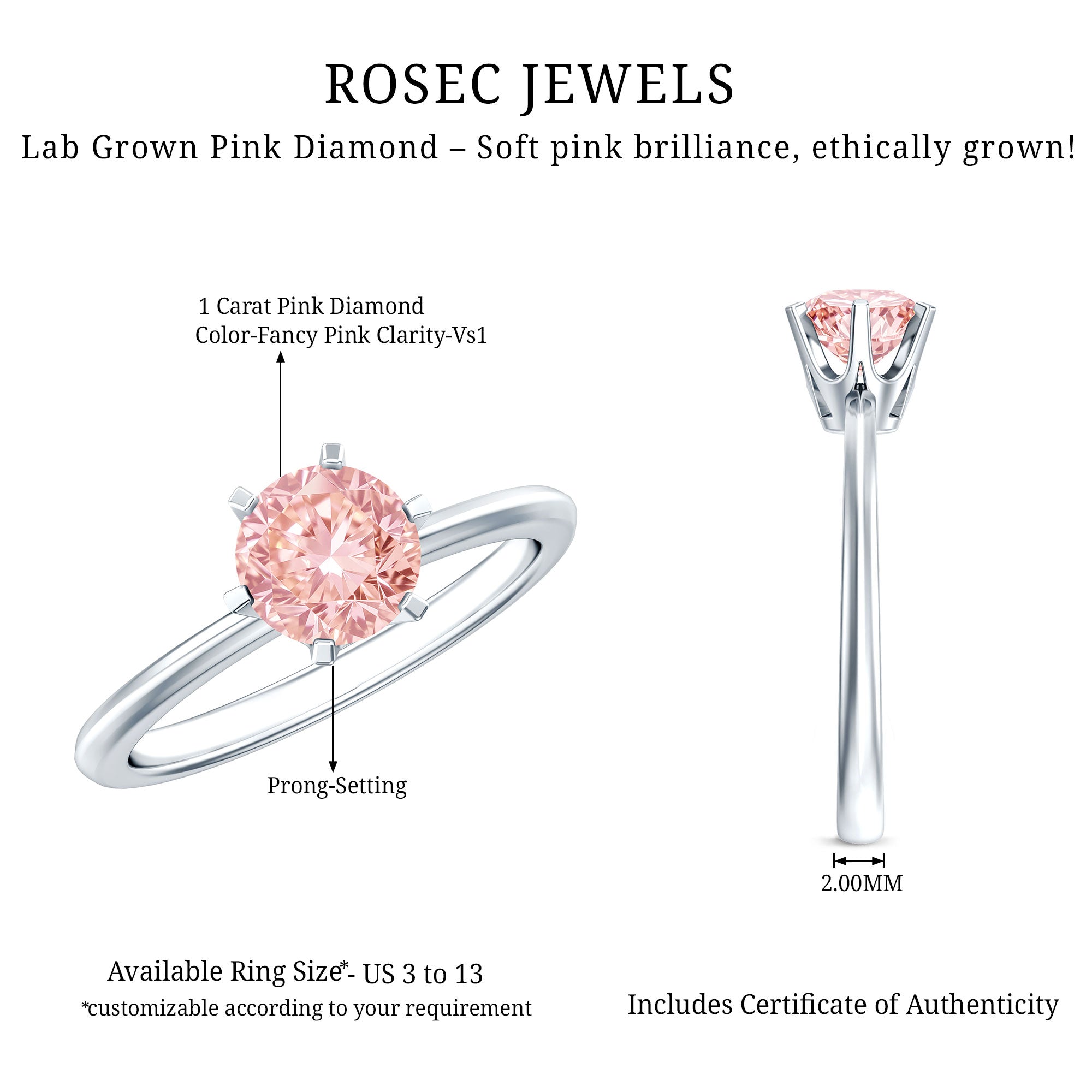 Rosec Jewels-Round Brilliant Cut Lab Grown Pink Diamond 1 Carat Solitaire Ring with IGI Certificate