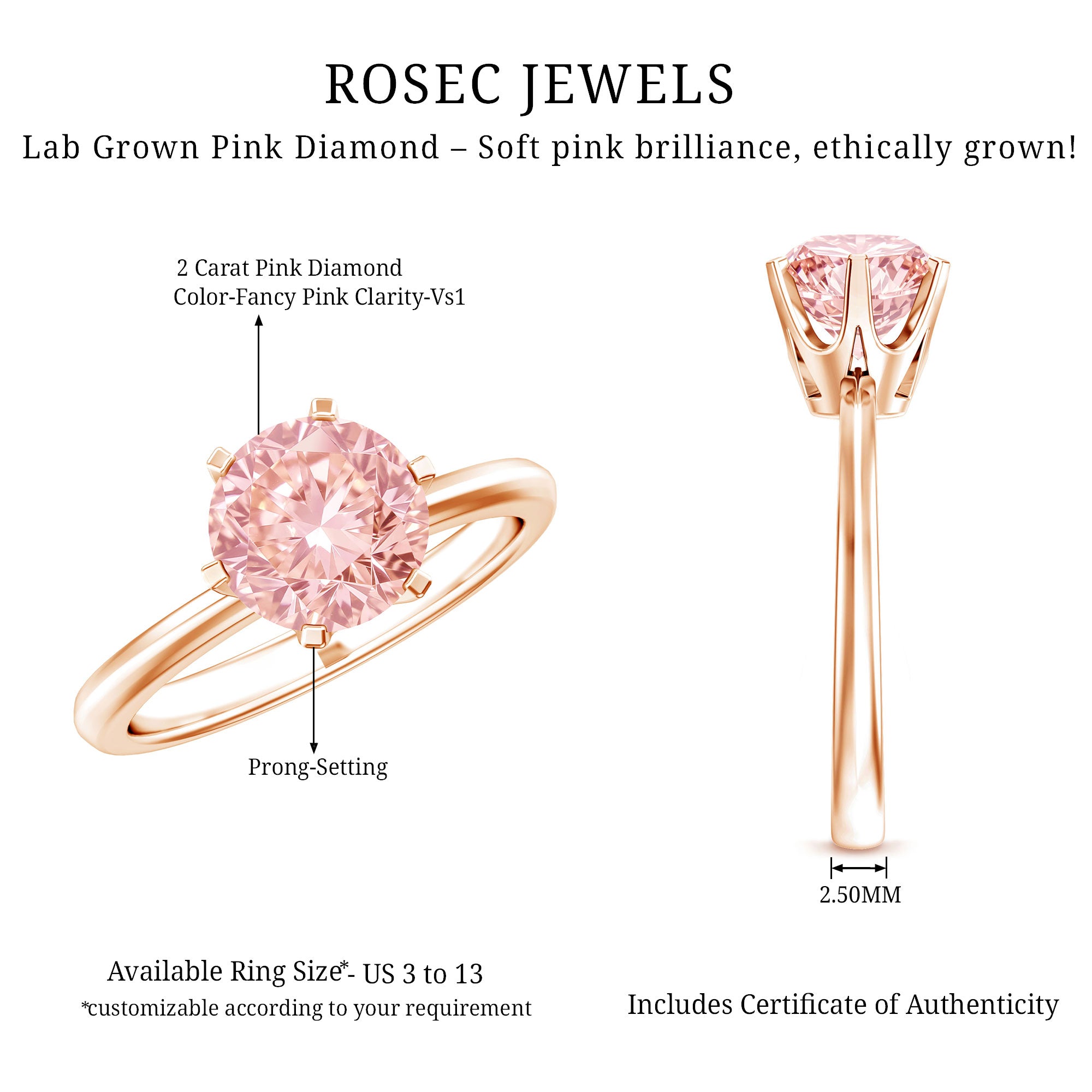 Rosec Jewels-IGI Certified 2 Carat Lab Grown Pink Diamond Solitaire Engagement Ring For Her