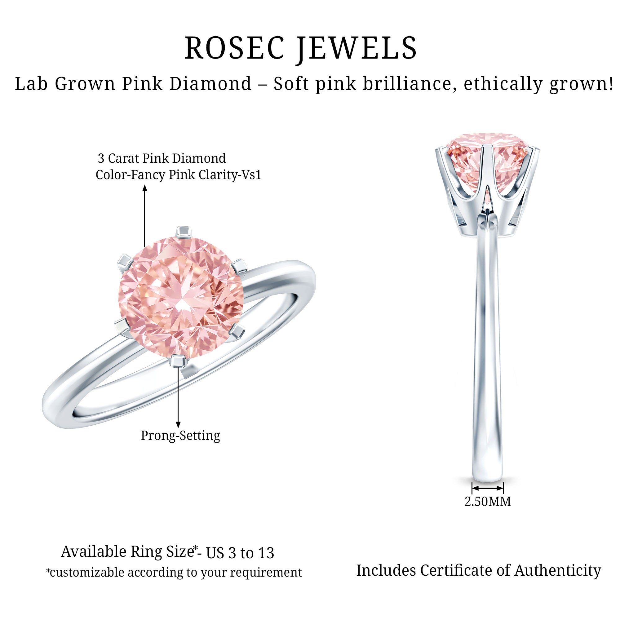 Rosec Jewels-IGI Certified Solitaire 3 Carat Lab Grown Pink Diamond Engagement Ring For Women