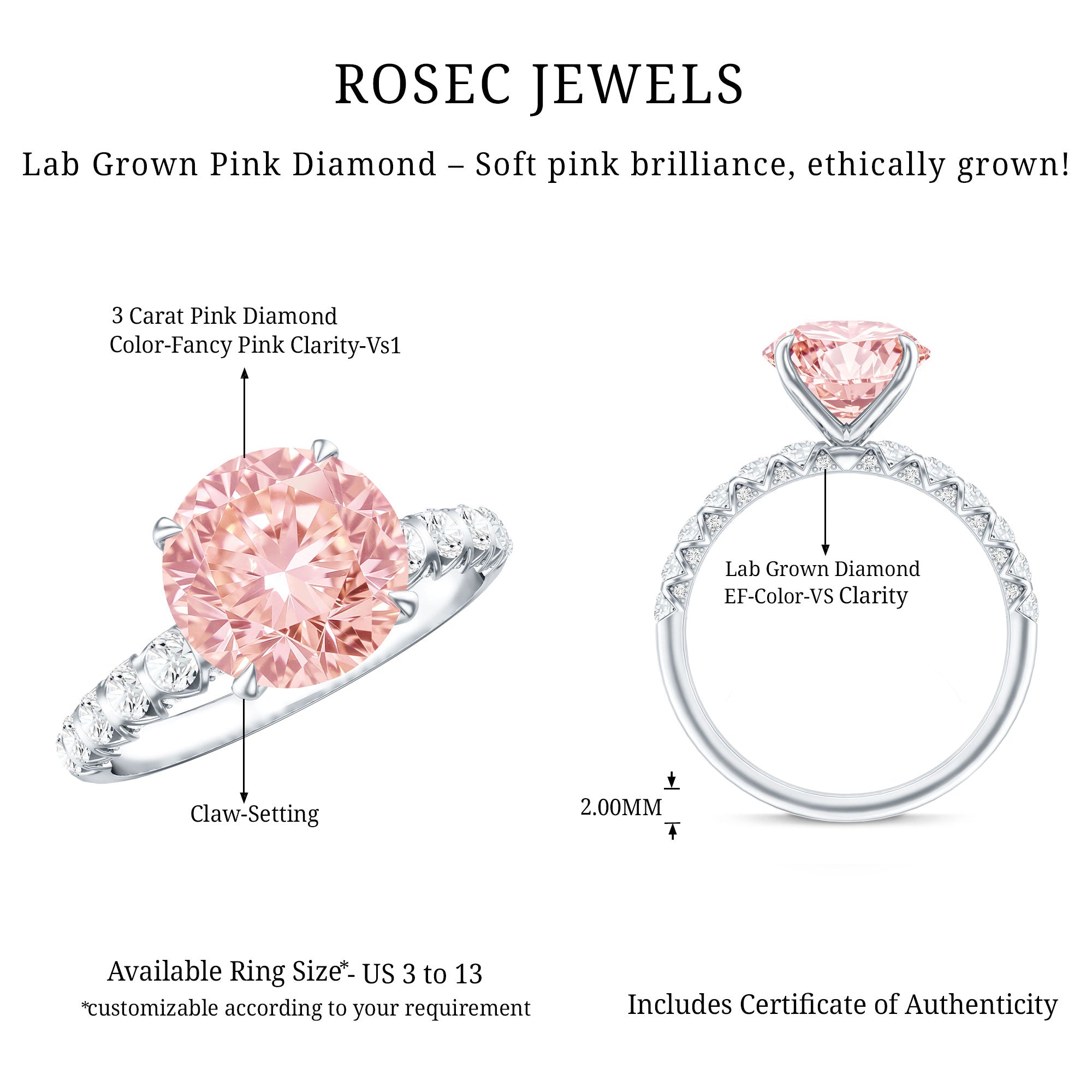 Rosec Jewels-Round 3 Carat Lab Pink Diamond Side Stone Engagement Ring with IGI Certificate