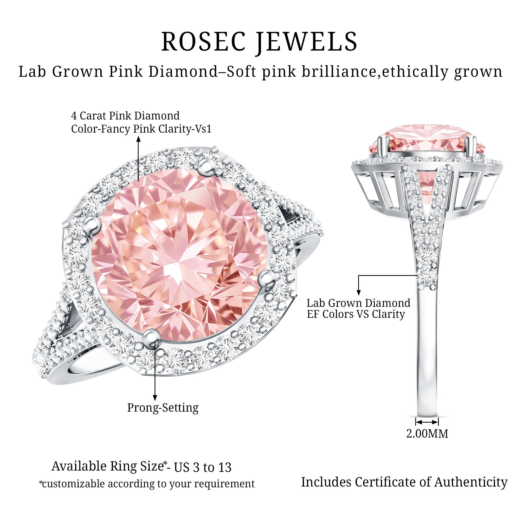 Rosec Jewels-IGI Certified Lab 4 Carat Pink and White Diamond Statement Engagement Ring in Split Shank