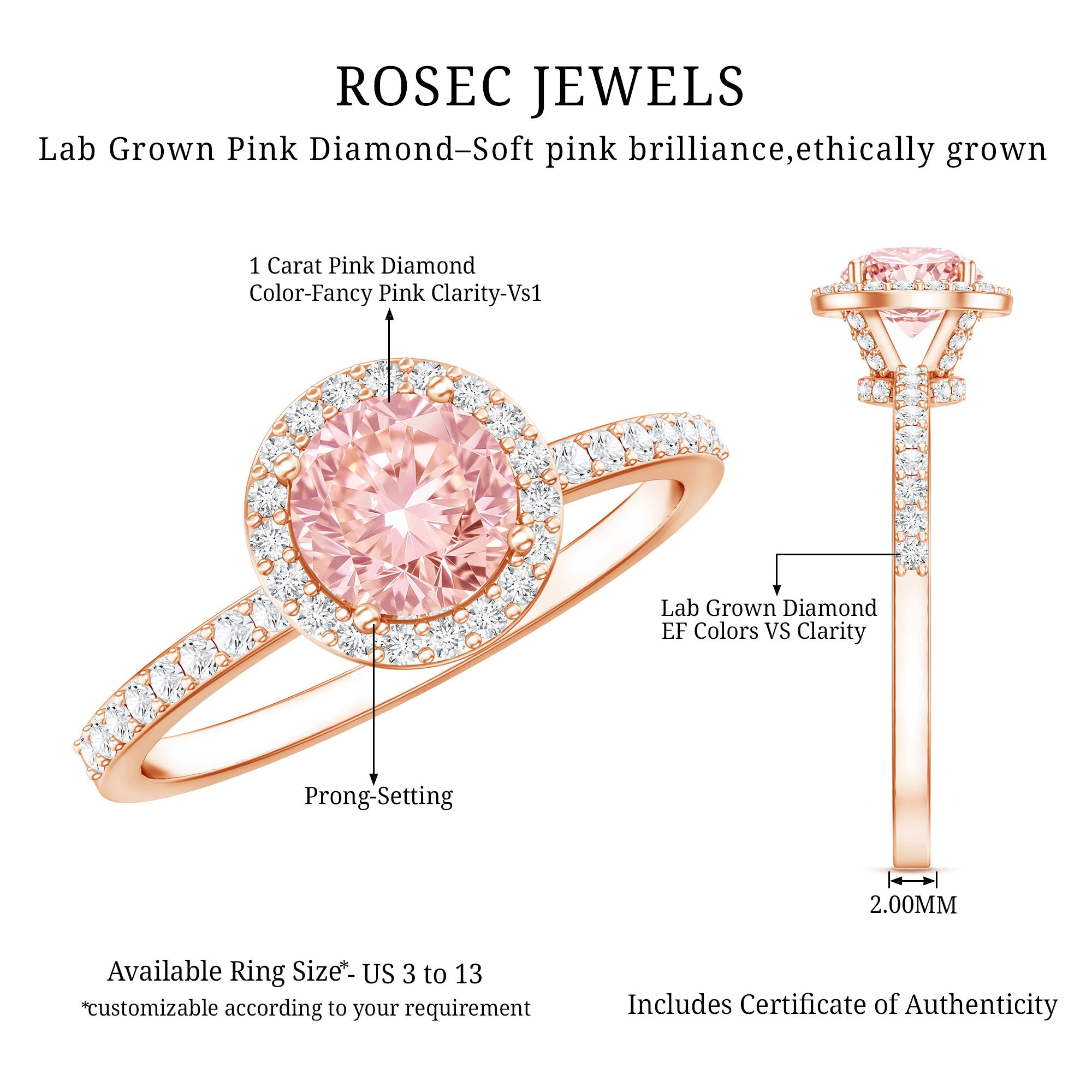 Rosec Jewels-IGI Certified Lab Grown Pink and White Diamond 1 Carat Engagement Ring