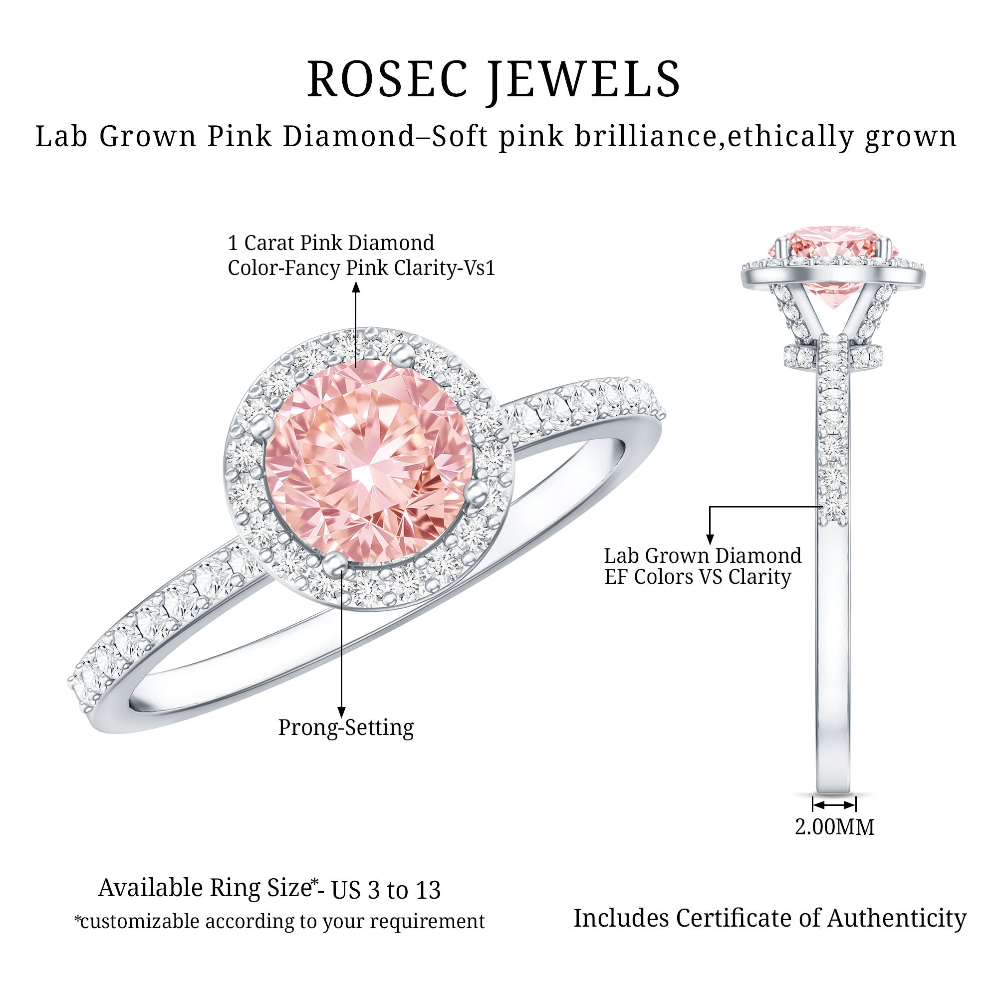 Rosec Jewels-IGI Certified Lab Grown Pink and White Diamond 1 Carat Engagement Ring
