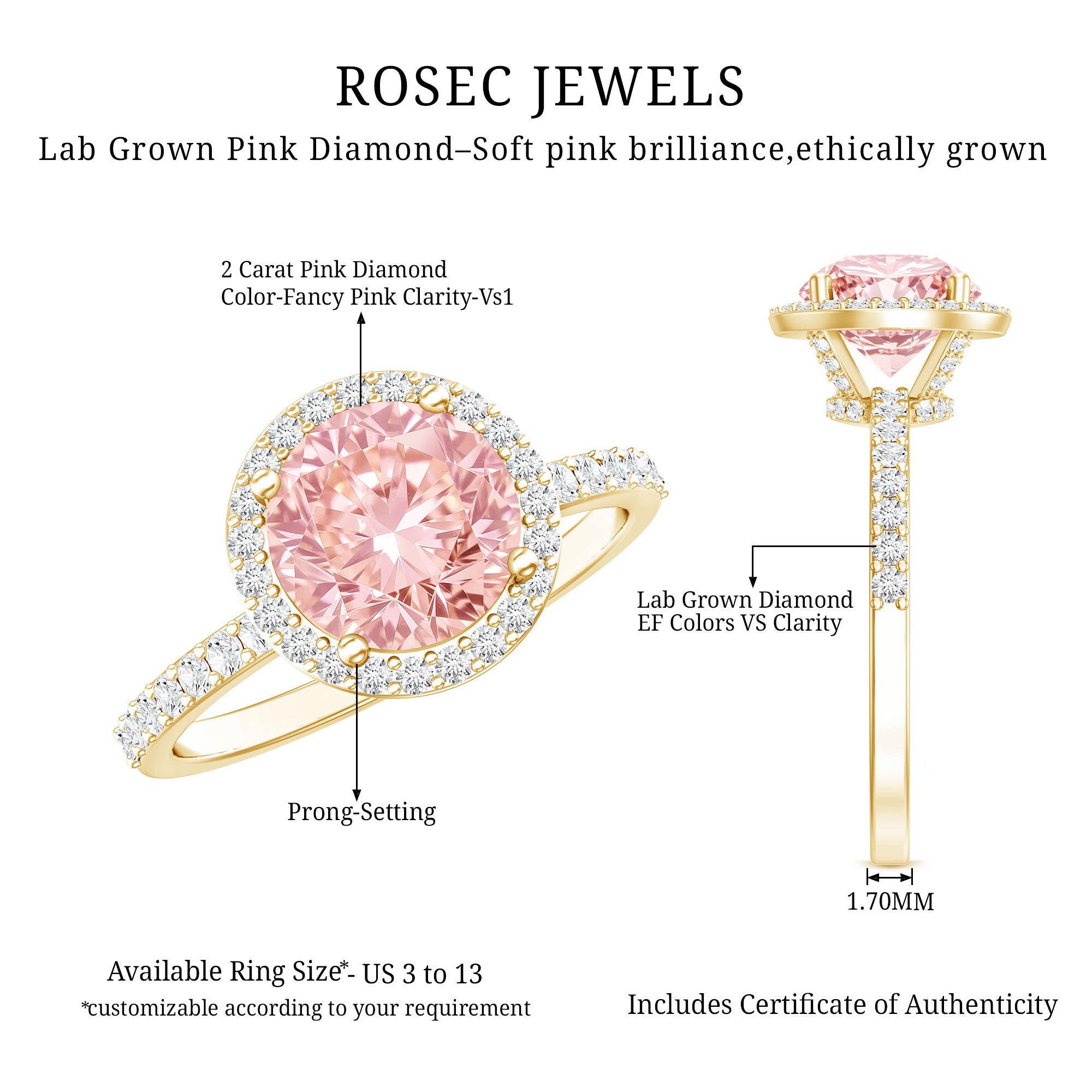 Rosec Jewels-2 Carat Lab Grown Pink Diamond Halo Engagement Ring with IGI Certificate