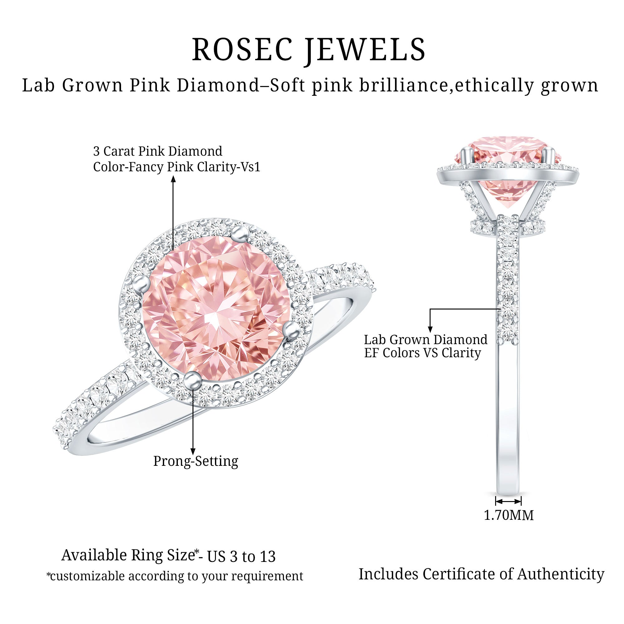 Rosec Jewels-IGI Certified Lab Created Pink Diamond 3 Carat Engagement Ring with Halo