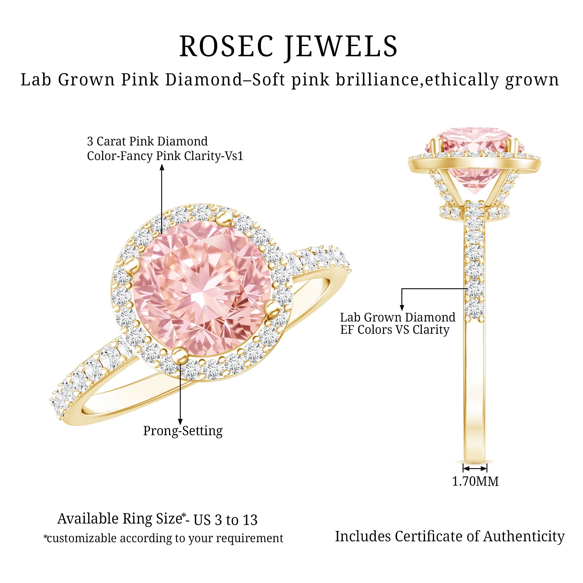 Rosec Jewels-IGI Certified Lab Created Pink Diamond 3 Carat Engagement Ring with Halo