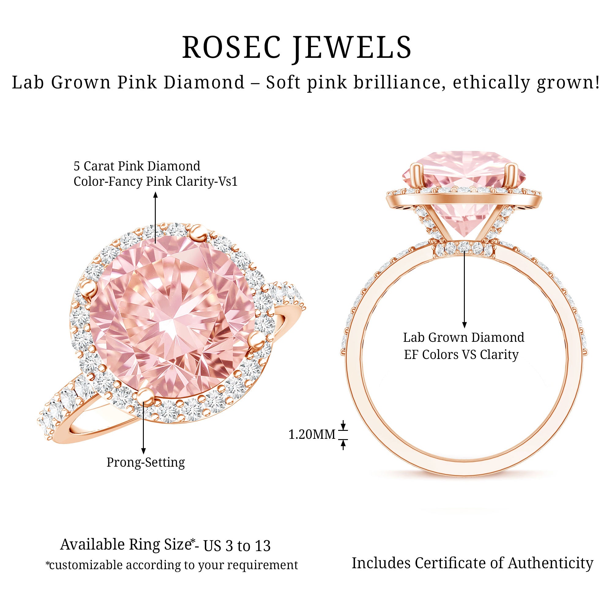 Rosec Jewels-Round 5 Carat Lab Grown Pink Diamond Halo Engagement Ring IGI Certified