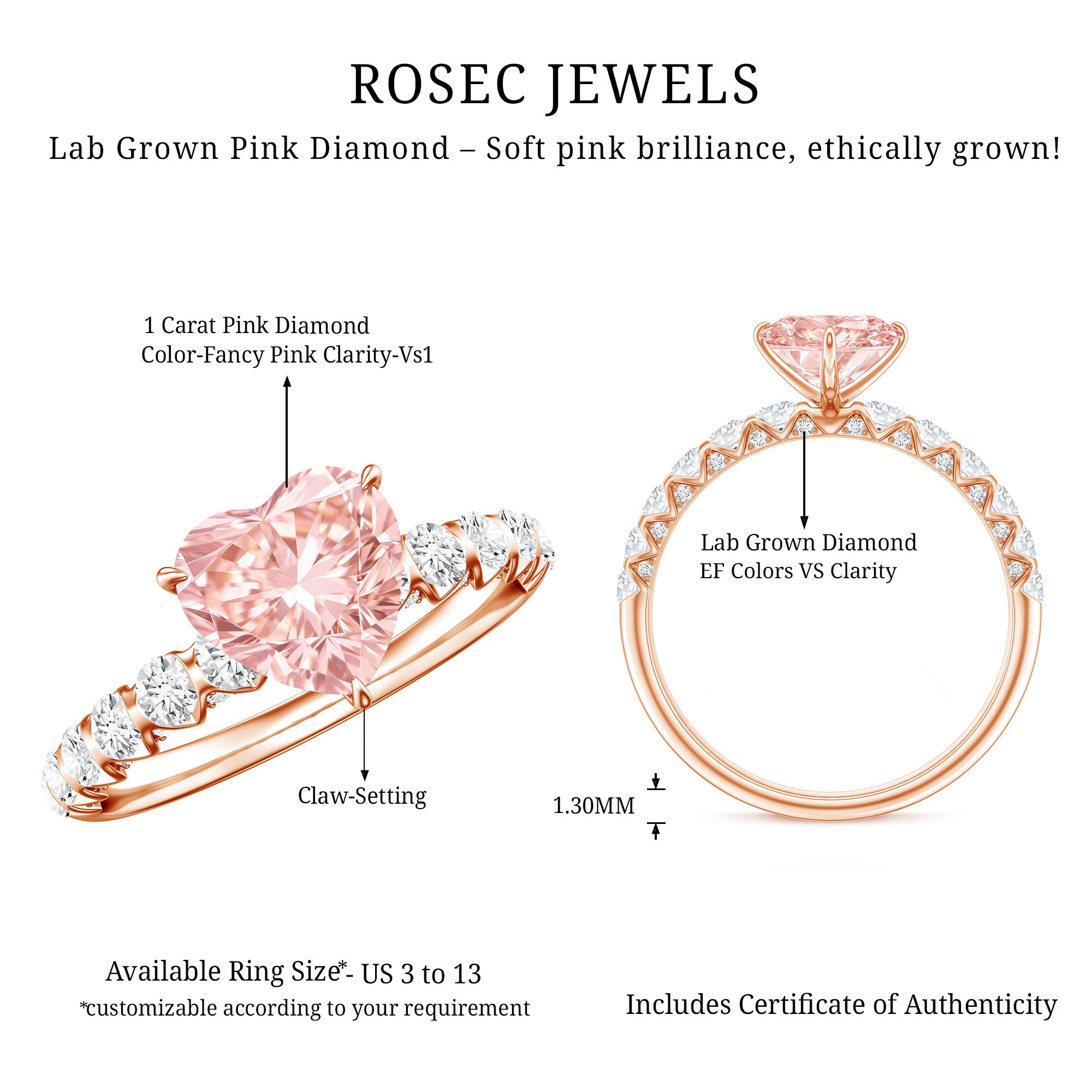 Rosec Jewels-IGI Certified 1 Carat Lab Grown Pink and White Diamond Heart Engagement Ring for Her