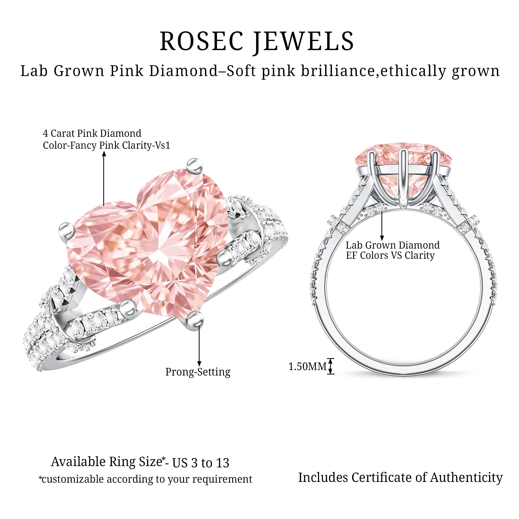 Rosec Jewels-IGI Certified 4 Carat Lab Grown Pink Diamond Heart Engagement Ring with Split Shank