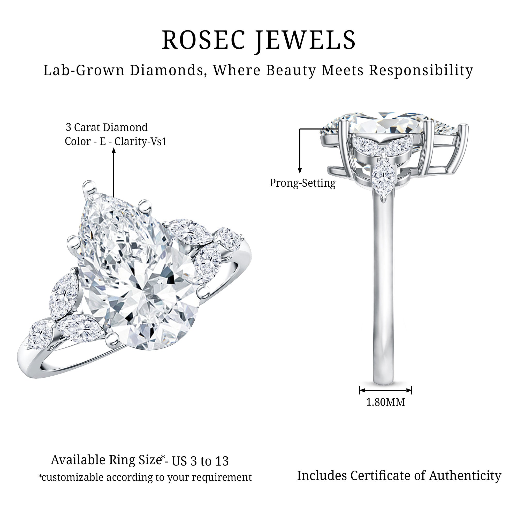 Rosec Jewels-3 Carat Lab Grown Pear Shaped Diamond Engagement Ring with IGI Certificate