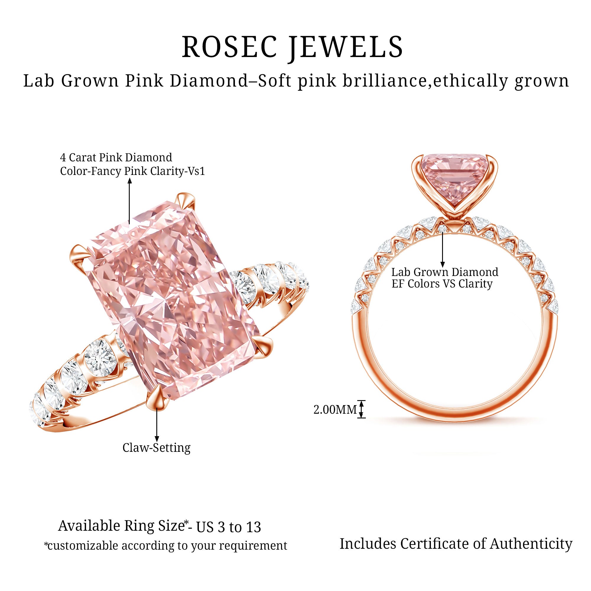 Rosec Jewels-Lab Grown 4 Carat Pink Diamond Radiant Cut Engagement Ring with IGI Certificate