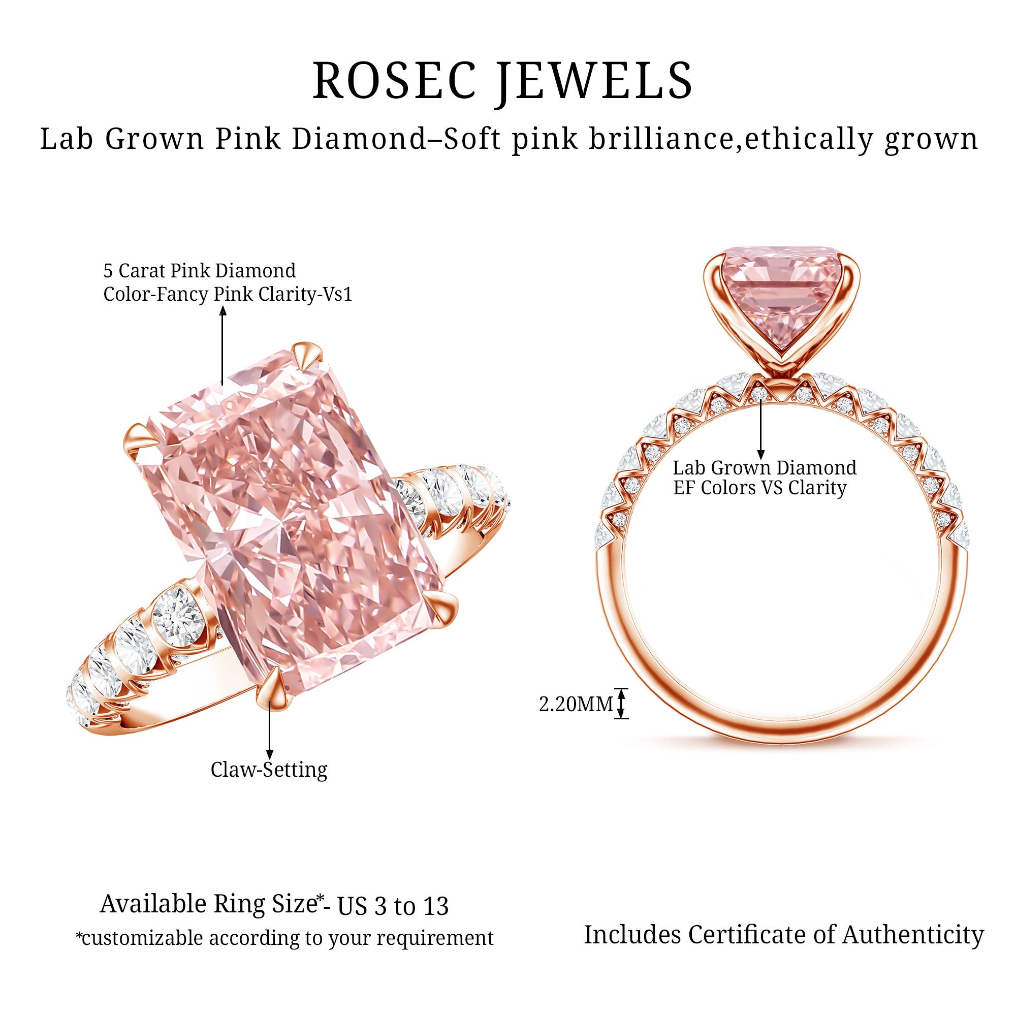 5 Carat Radiant Lab Grown Pink Diamond Huge Statement Ring with IGI Certificate Fancy Pink - VS1 - Rosec Jewels