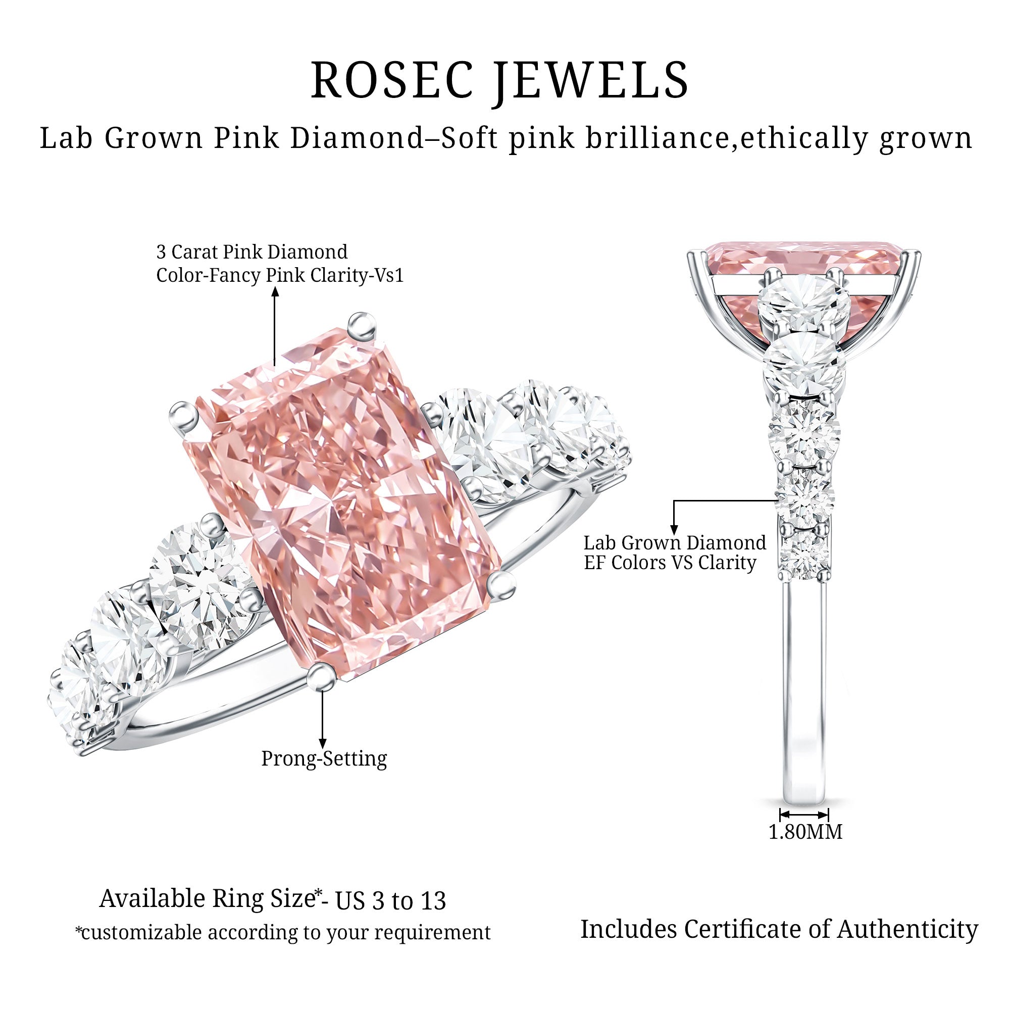Rosec Jewels-IGI Certified 3 Ct Lab Grown Pink and White Diamond Side Stone Engagement Ring