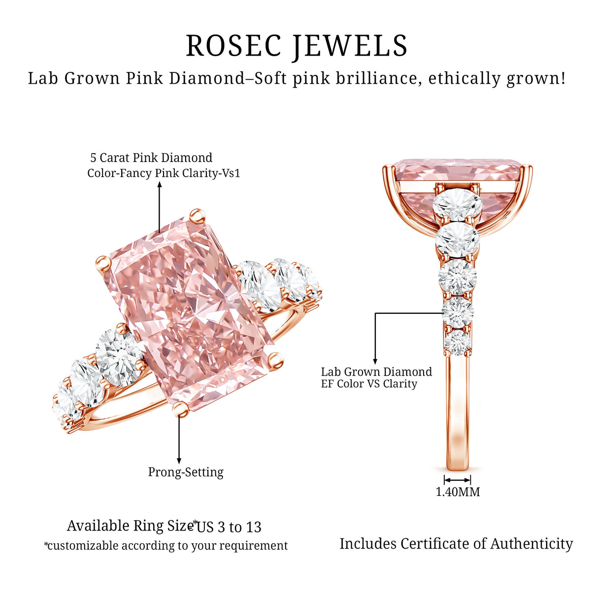 5 Carat Radiant Lab Grown Pink and White Diamond Side Stone Engagement Ring IGI Certified Fancy Pink - VS1 - Rosec Jewels
