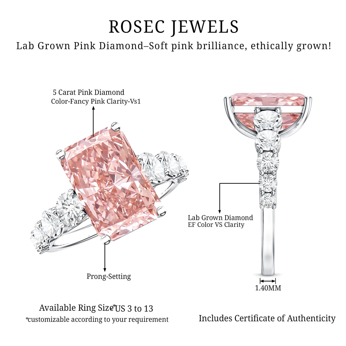 5 Carat Radiant Lab Grown Pink and White Diamond Side Stone Engagement Ring IGI Certified Fancy Pink - VS1 - Rosec Jewels