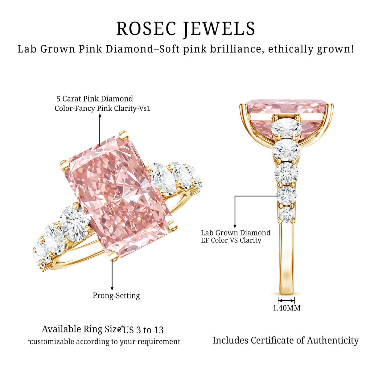 5 Carat Radiant Lab Grown Pink and White Diamond Side Stone Engagement Ring IGI Certified Fancy Pink - VS1 - Rosec Jewels