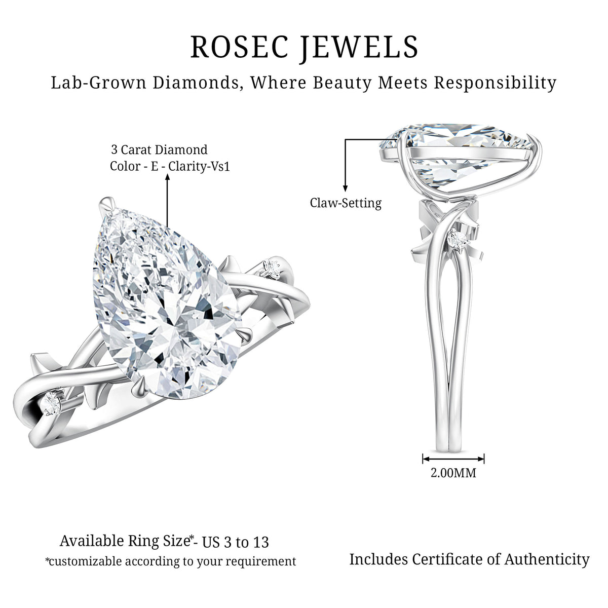 Solitaire 3 Carat Lab Diamond Pear Engagement Ring with IGI Certificate Lab - ( E-VS1 ) - Rosec Jewels