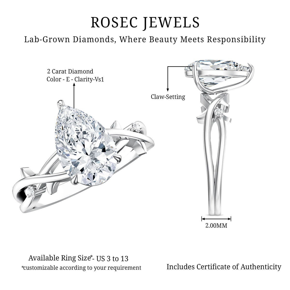 2 Carat Lab Grown Pear Cut Diamond Nature Engagement Ring with IGI Certificate Lab - ( E-VS1 ) - Rosec Jewels