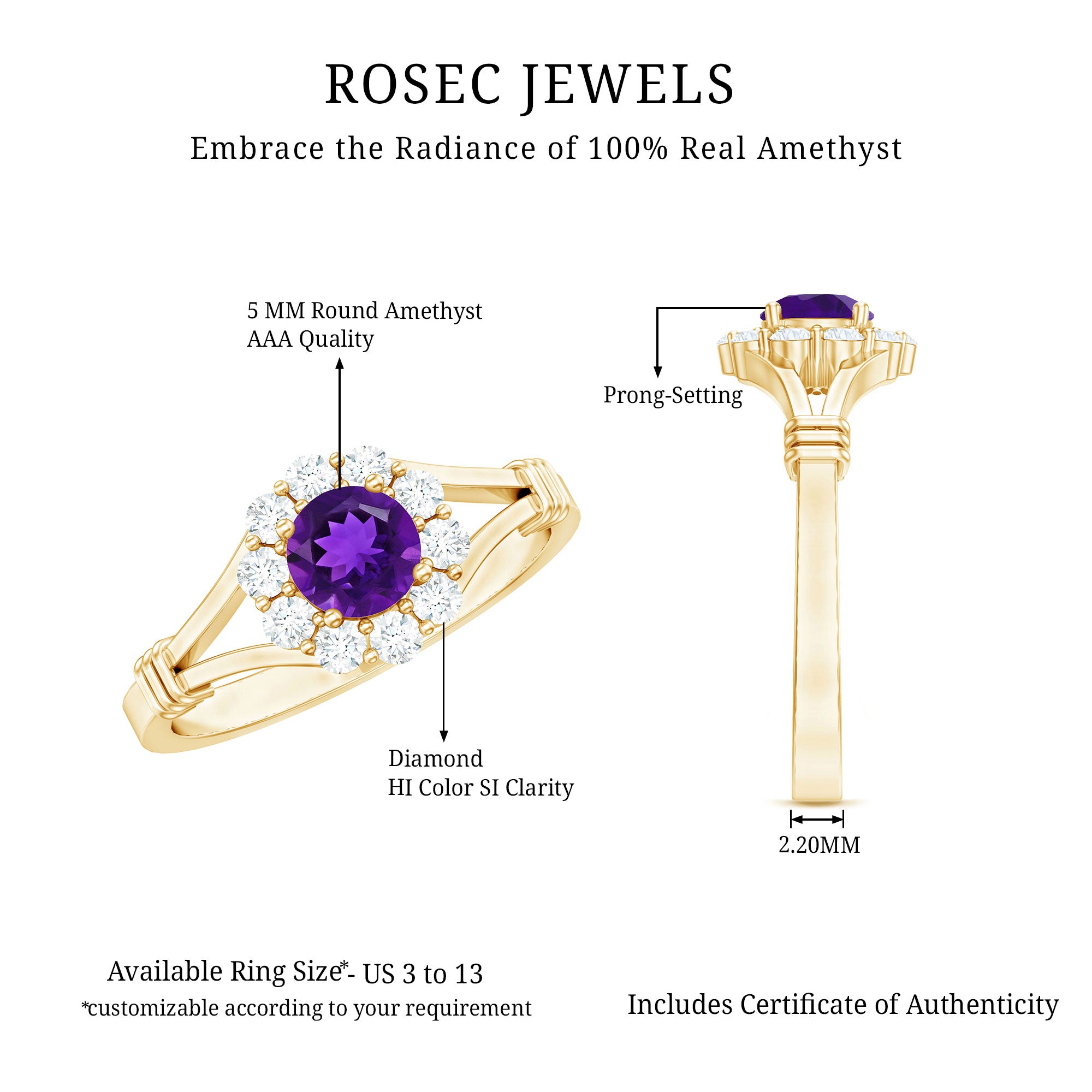 Rosec Jewels-1 CT Amethyst and Diamond Halo Split Shank Ring