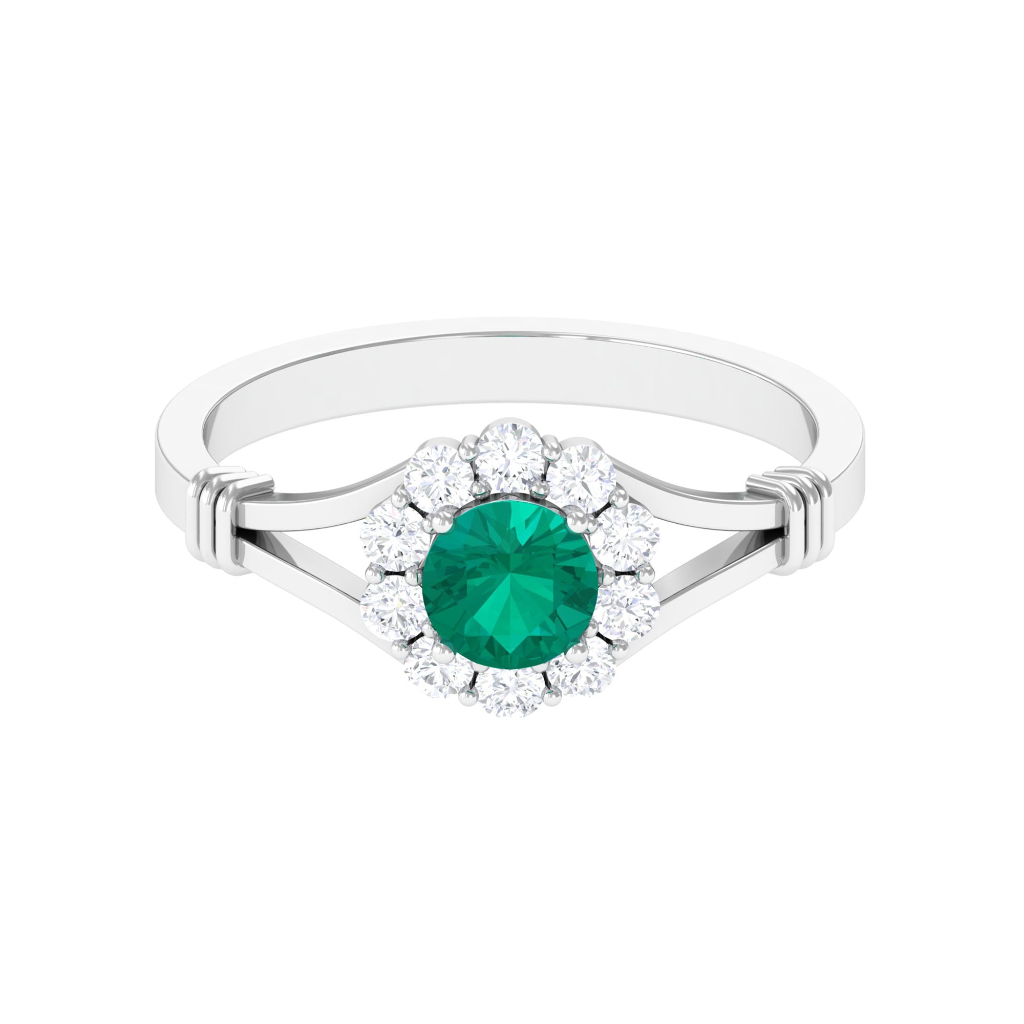 Split Shank Emerald Flower Engagement Ring with Diamond Emerald - ( AAA ) - Quality - Rosec Jewels