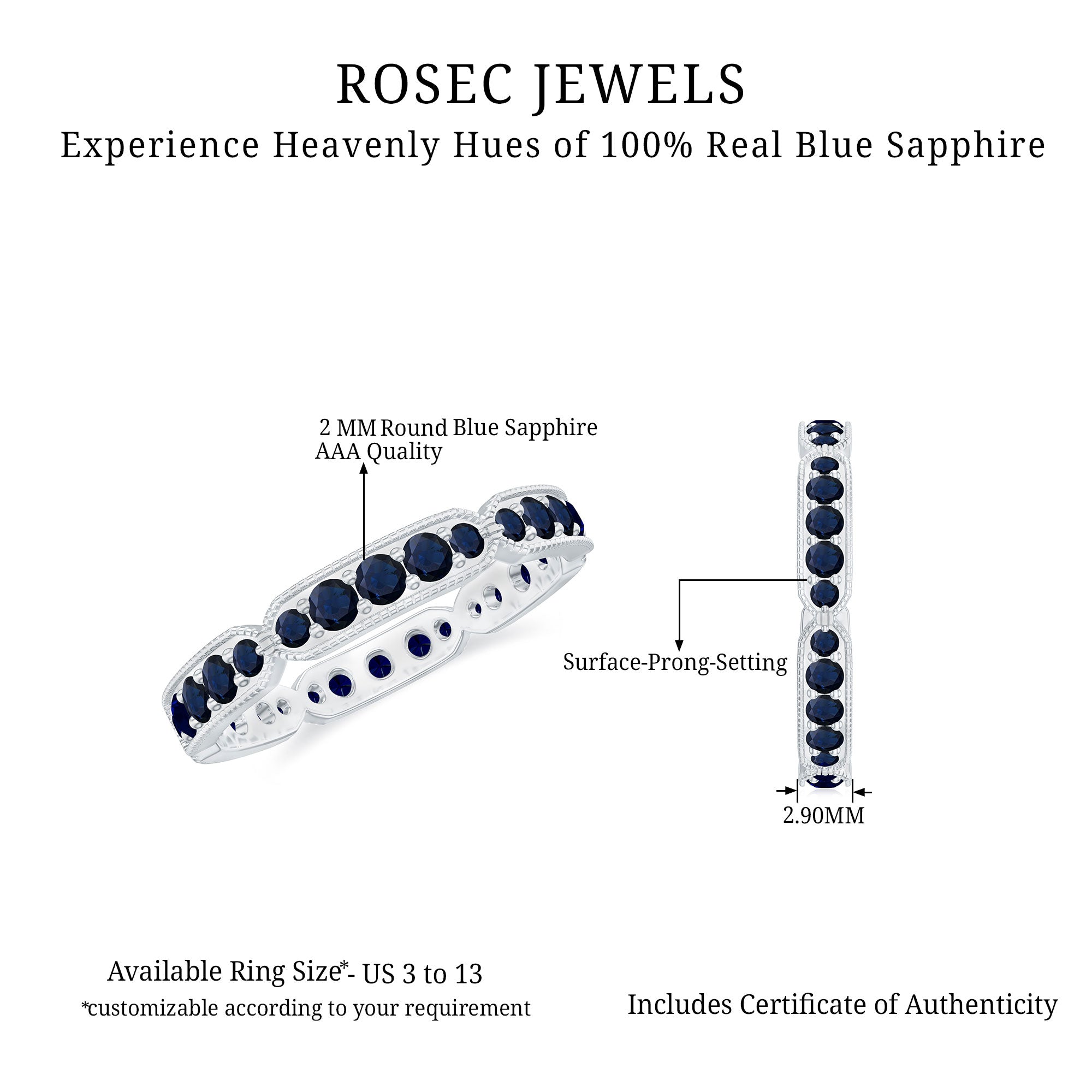 Blue Sapphire Eternity Ring with Milgrain Detailing Blue Sapphire - ( AAA ) - Quality - Rosec Jewels