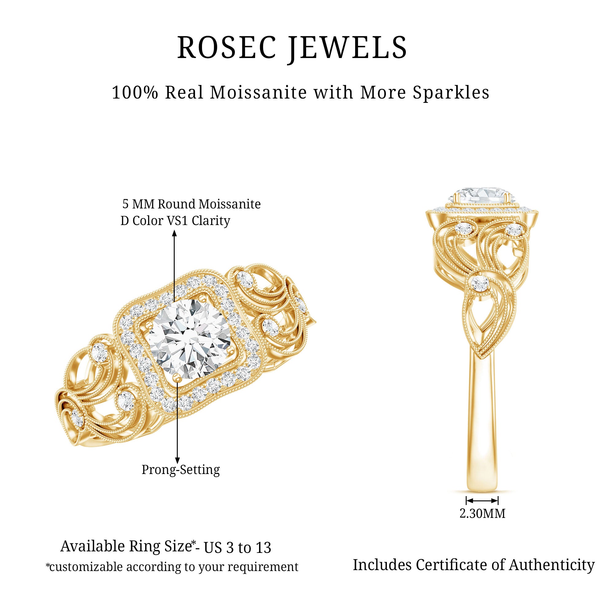 Certified Moissanite Art Deco Engagement Ring for Women D-VS1 - Rosec Jewels