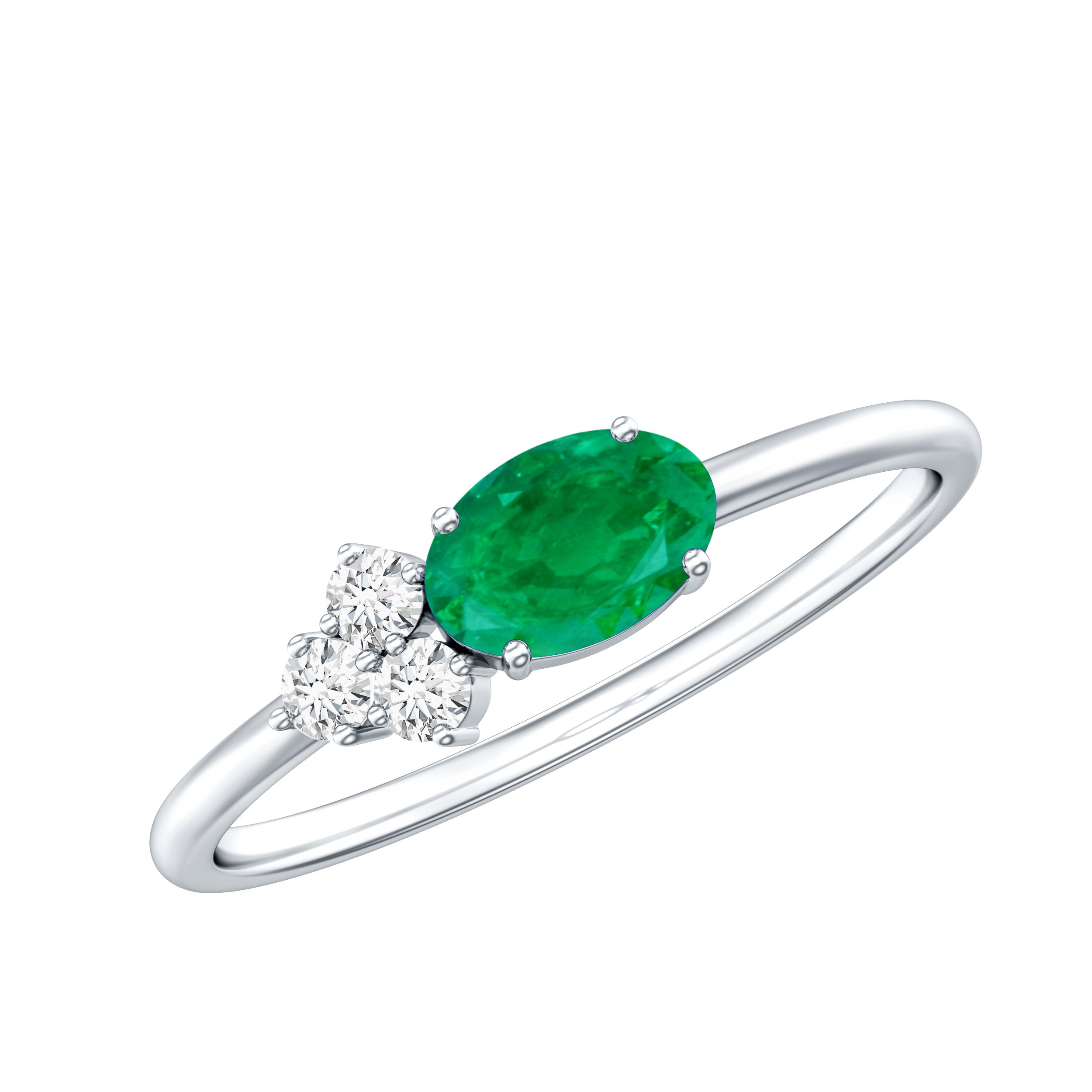 AAA Quality Oval Cut Emerald East West Promise Ring with Diamond Trio AAA - Rosec Jewels
