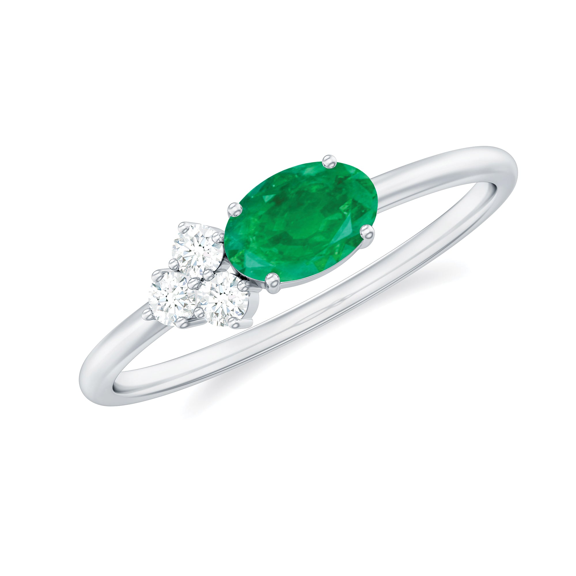 AAA Quality Oval Cut Emerald East West Promise Ring with Diamond Trio AAA - Rosec Jewels
