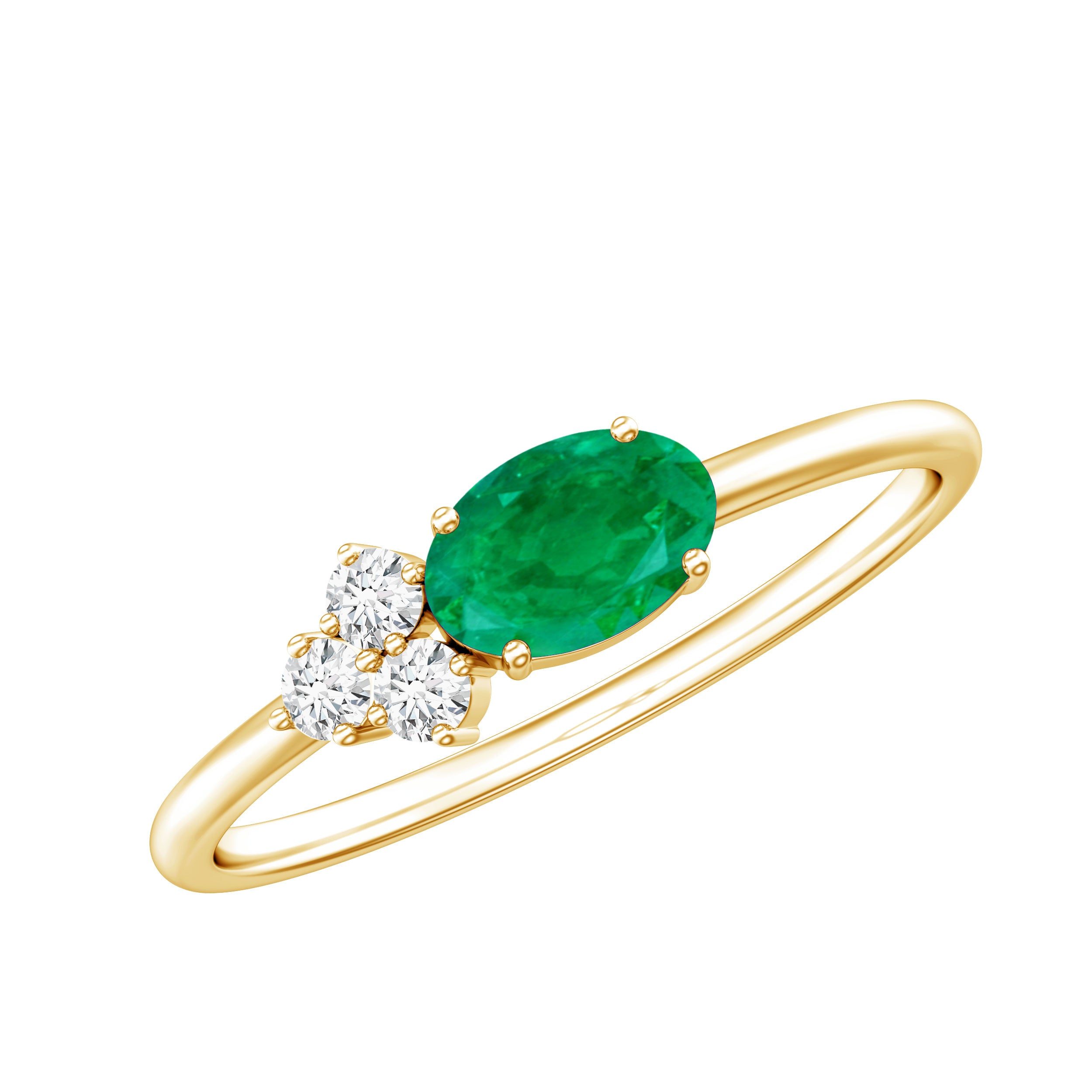 AAA Quality Oval Cut Emerald East West Promise Ring with Diamond Trio AAA - Rosec Jewels