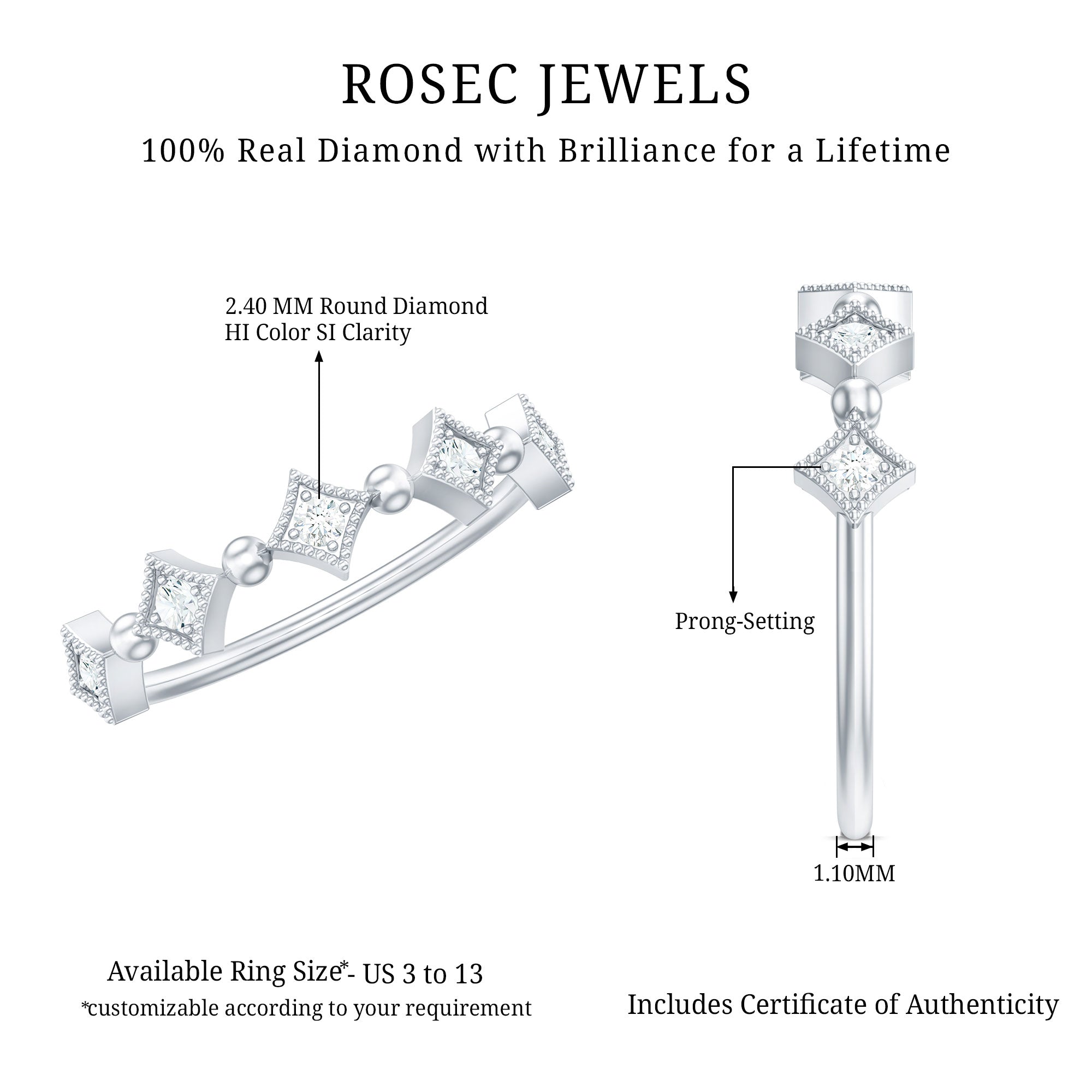 Certified 5 Stone Diamond Dainty Ring Natural - ( HI-SI ) - Rosec Jewels