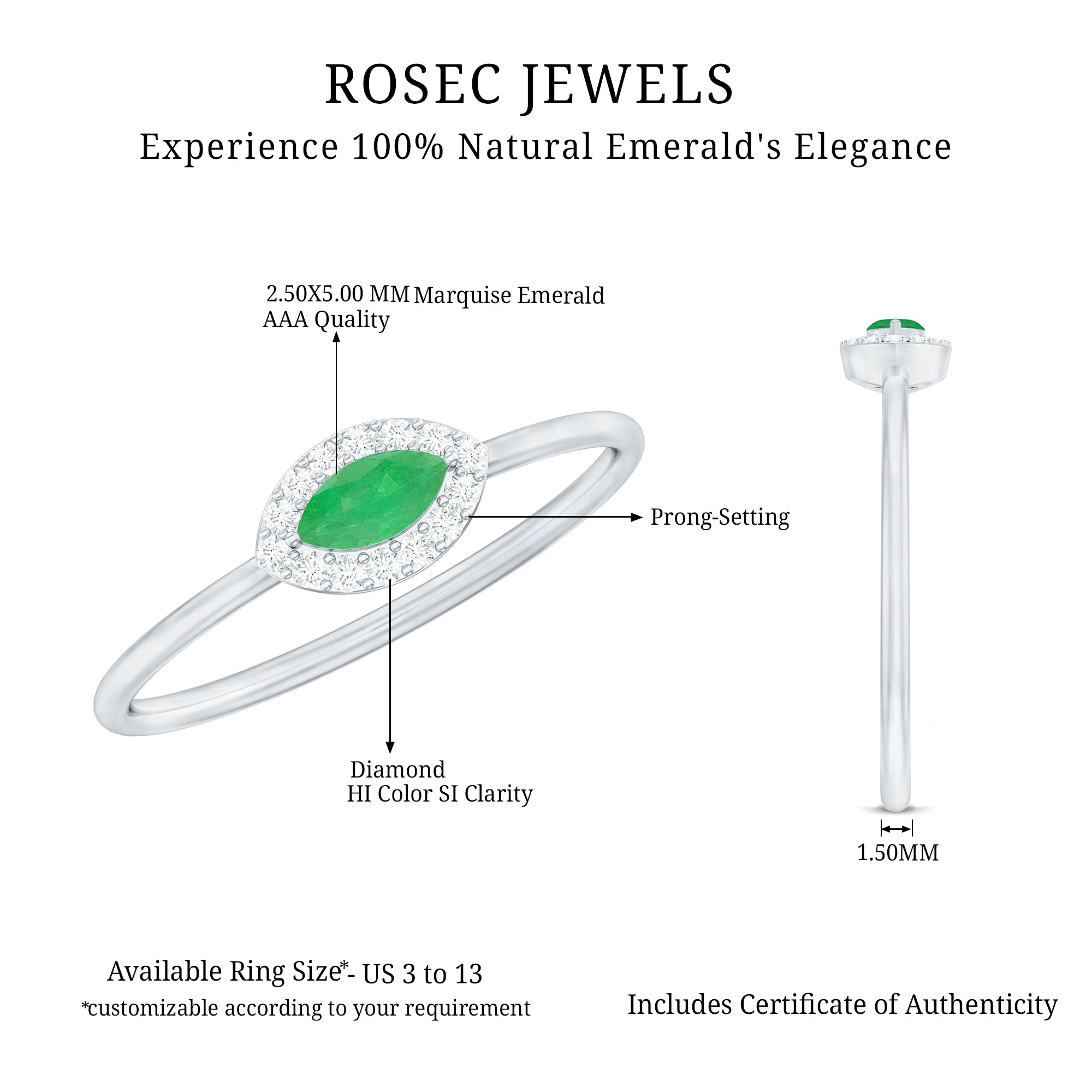 Rosec Jewels-Marquise Emerald East West Promise Ring with Diamond Halo